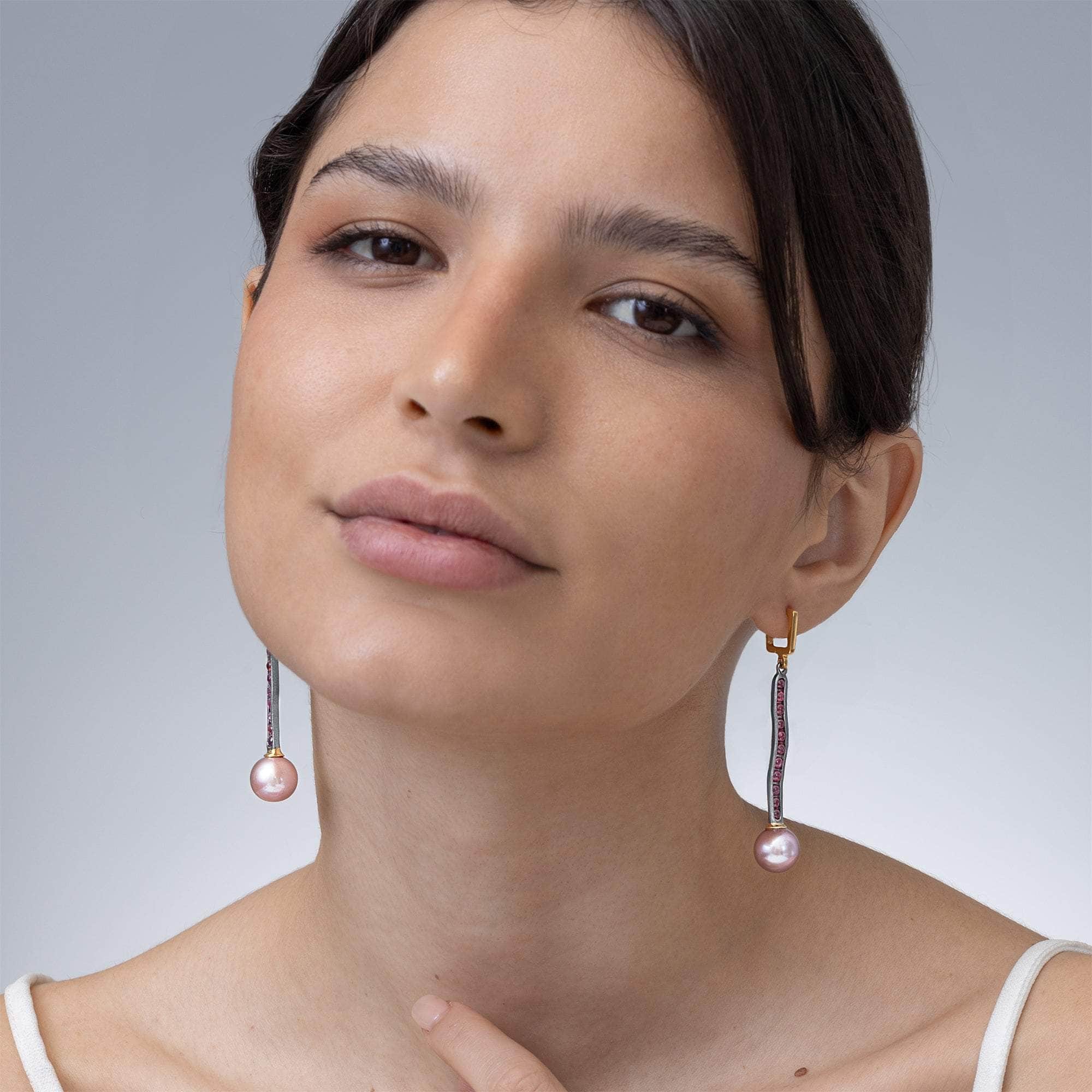 Hagnos Asymmetric Design Cultured Pearl & Natural Ruby Earrings in 925 Silver (Black Rhodium & Gold-Plated)