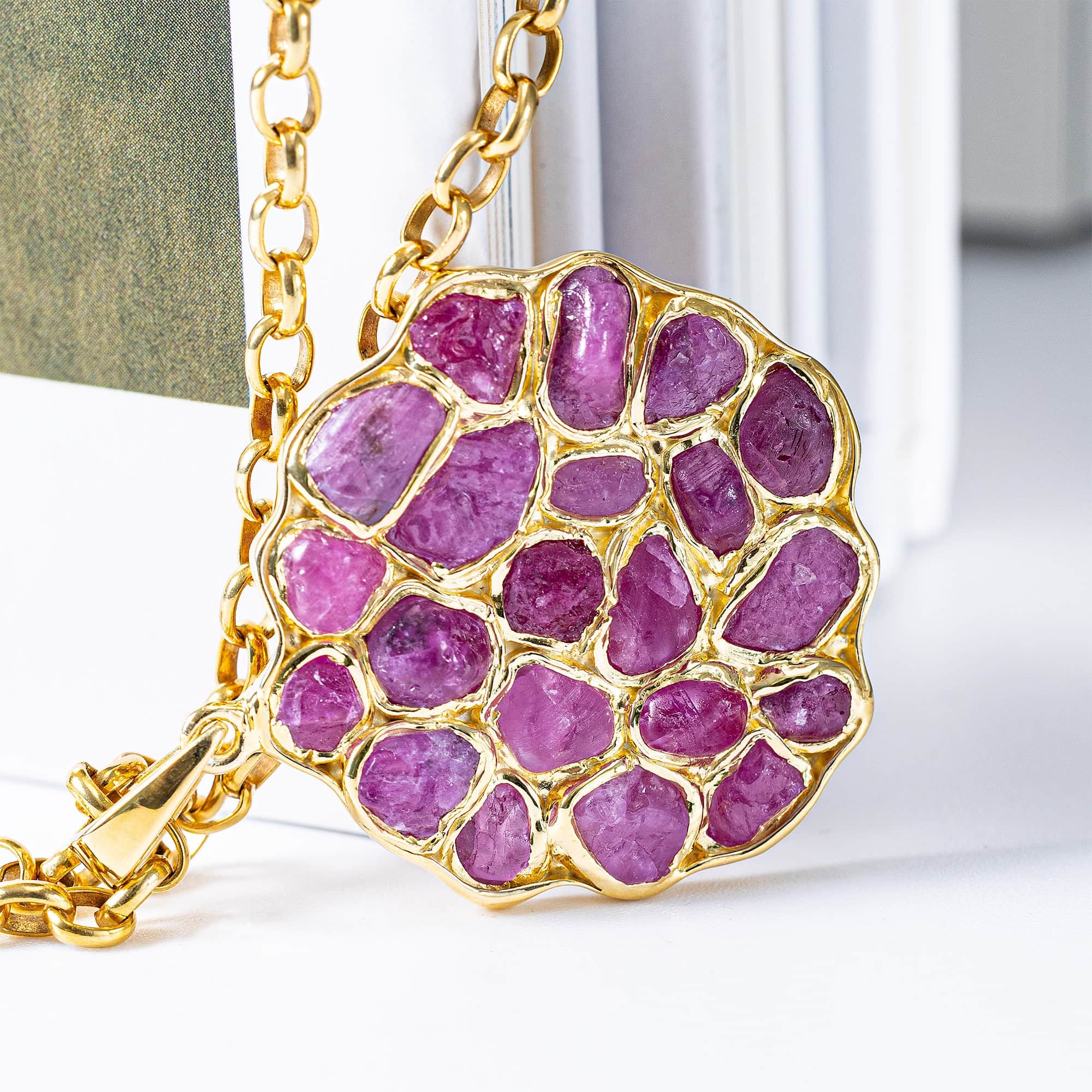 Saori Handcrafted Disc Pendant in Gold Plated Silver with Raw Pink Sapphire