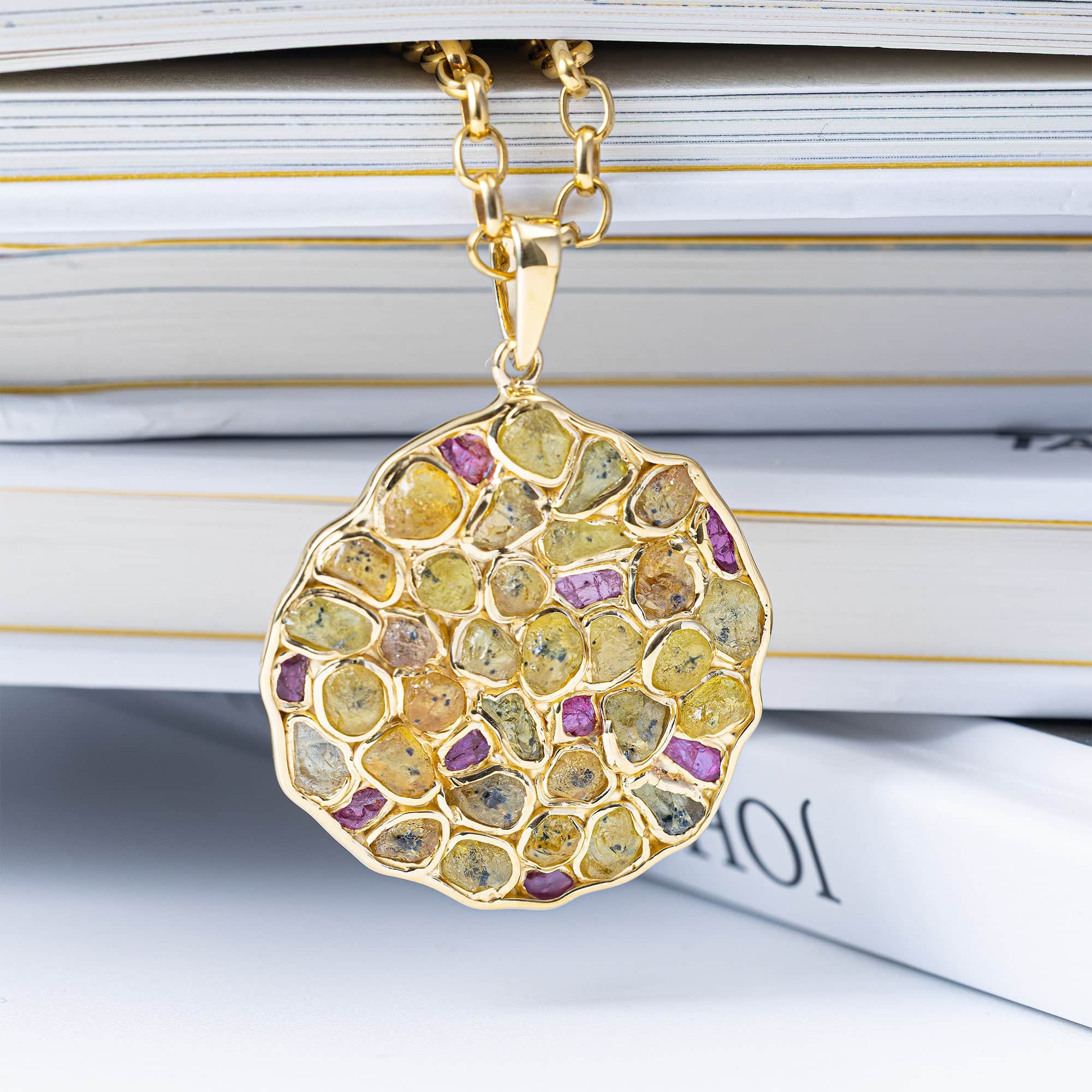 Saori Limited Edition Pendant in Gold Plated Silver with Raw Yellow Sapphire & Ruby