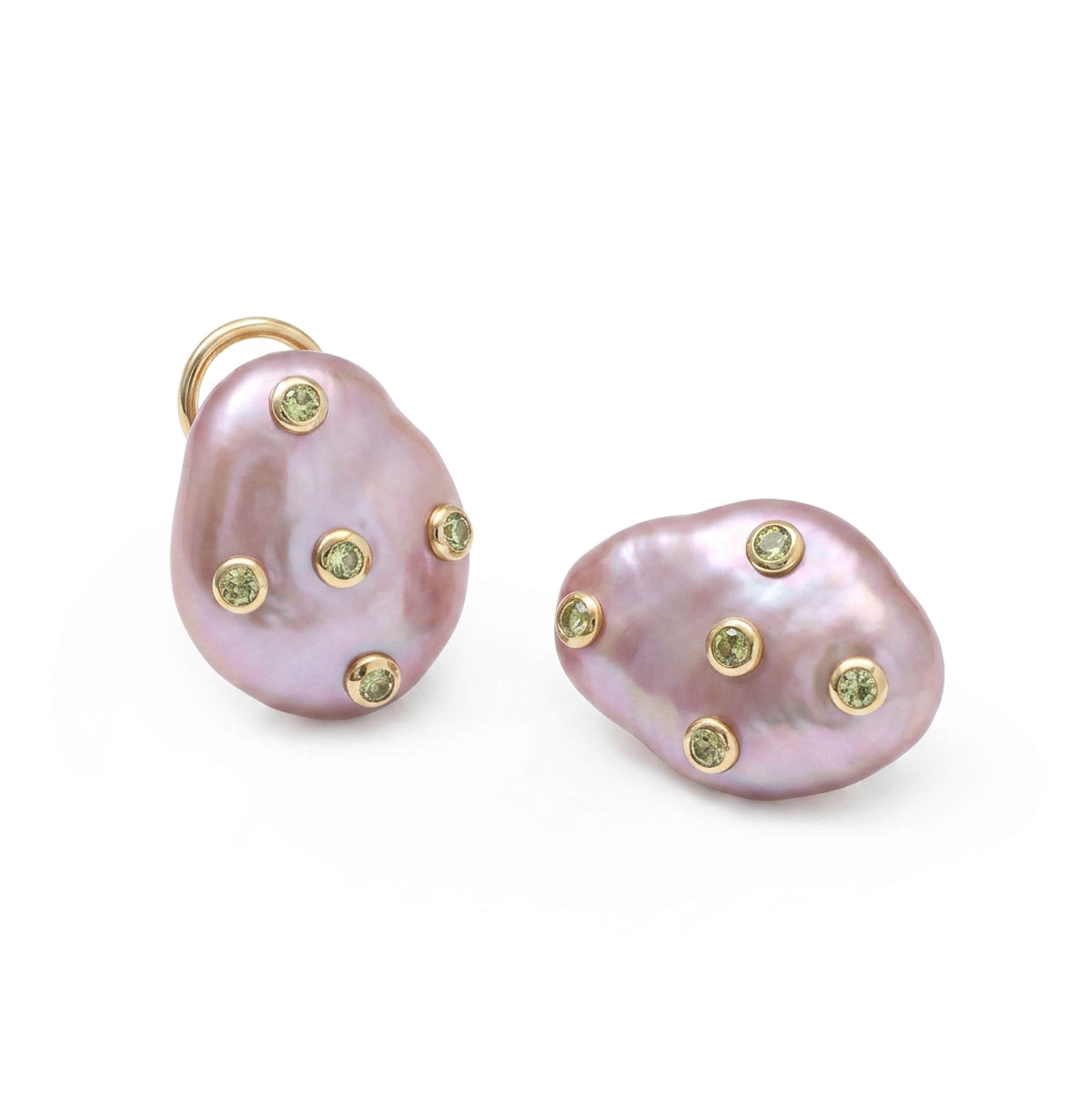 Kirei Sterling Silver Earrings with Peridot-Encrusted Pink Baroque Pearl