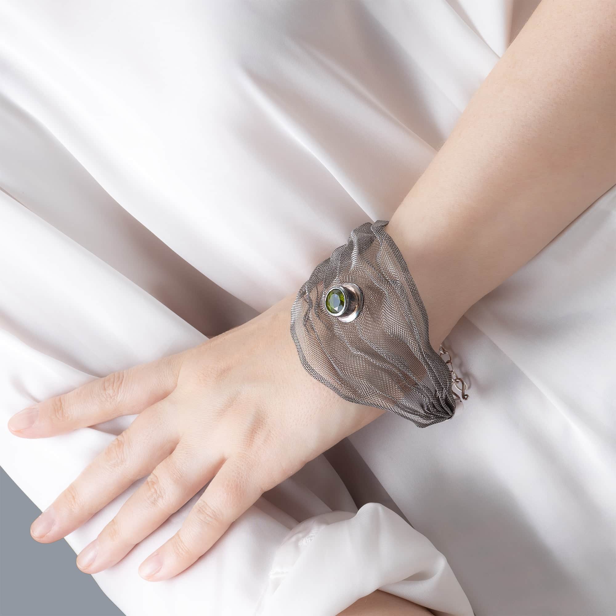 Hada Limited Edition Silver & Titanium Mesh Bracelet with Natural Peridot