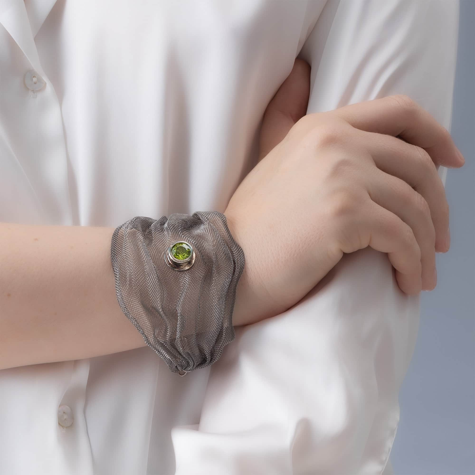 Amiya Limited Edition Silver & Titanium Mesh Bracelet with Natural Peridot