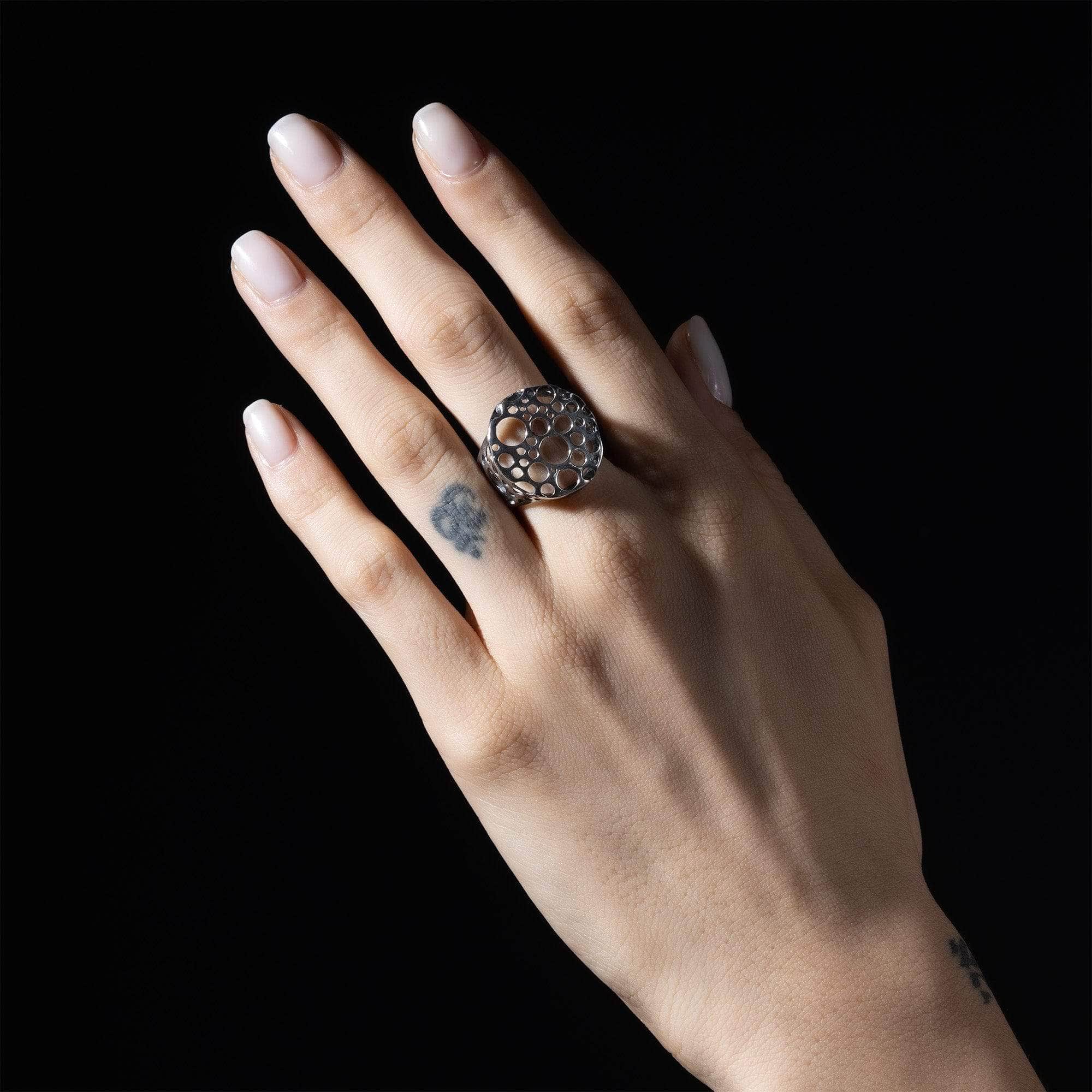 Hollow Oxidized Sterling Silver Ring with Organic Perforated Design