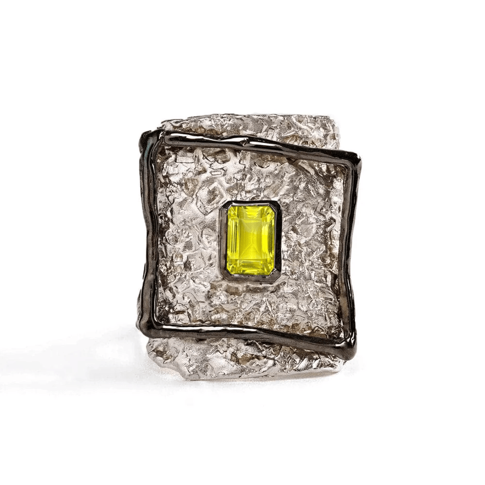 Invidia Iconic Black & White Rhodium-Plated Sterling Silver Ring with Natural Octagon-Cut Lemon Quartz