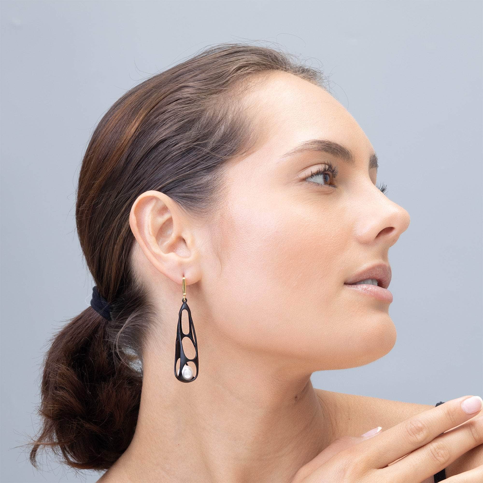 Riona CASE Award-Winning Asymmetric Designer Earrings in 925 Sterling Silver Plated with 18K Gold and Anthracite with Shell Pearls