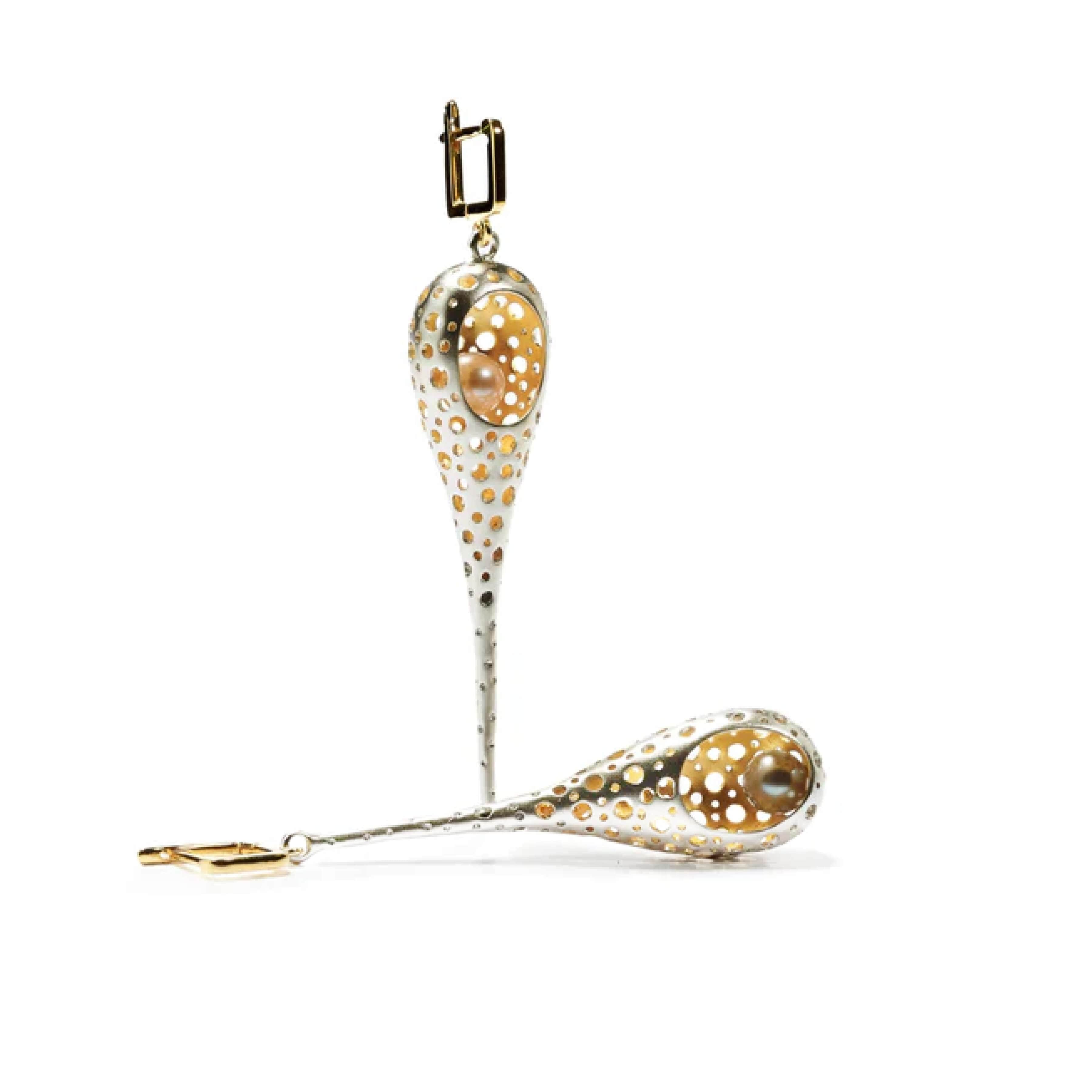 Likka Modern Asymmetric Design Cultured Pearl Earrings in White Rhodium & Gold-Plated 925 Silver