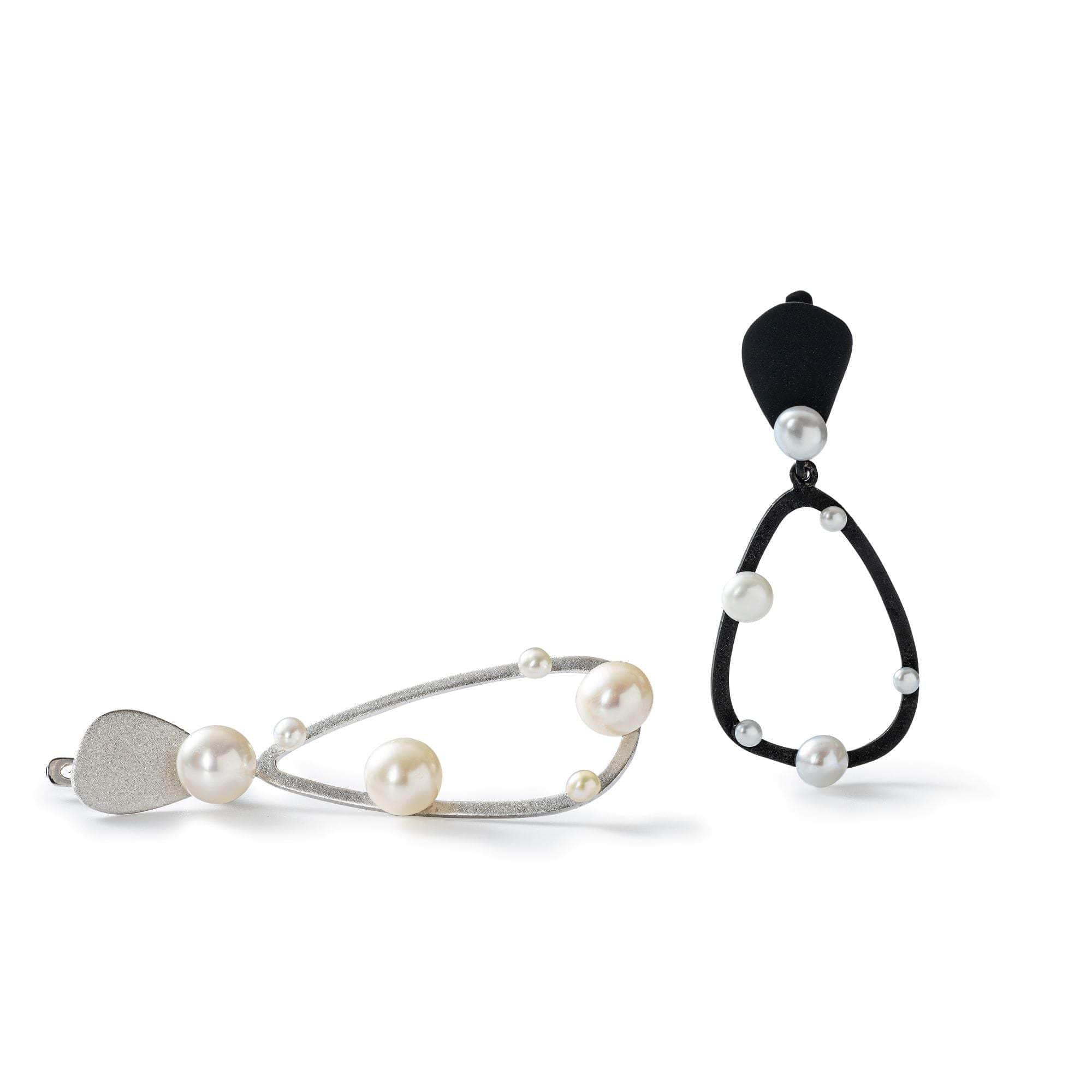 Dyad Asymmetric Black & White Earrings with Cultured White Pearl in 925 Silver (Anthracite and White Rhodium-Plated)