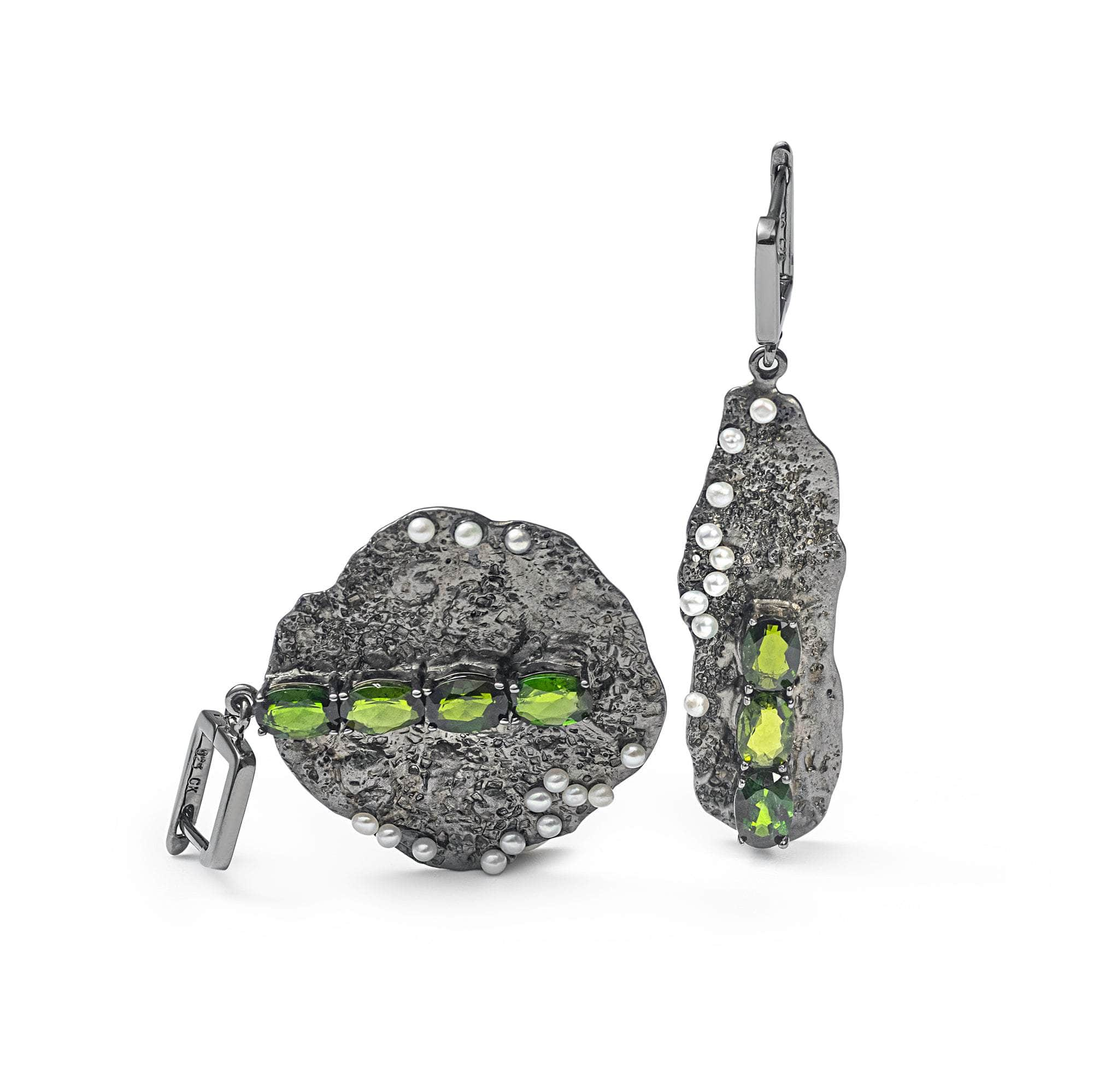 Grieg Chrome Diopside and White Pearl Earrings GERMAN KABIRSKI