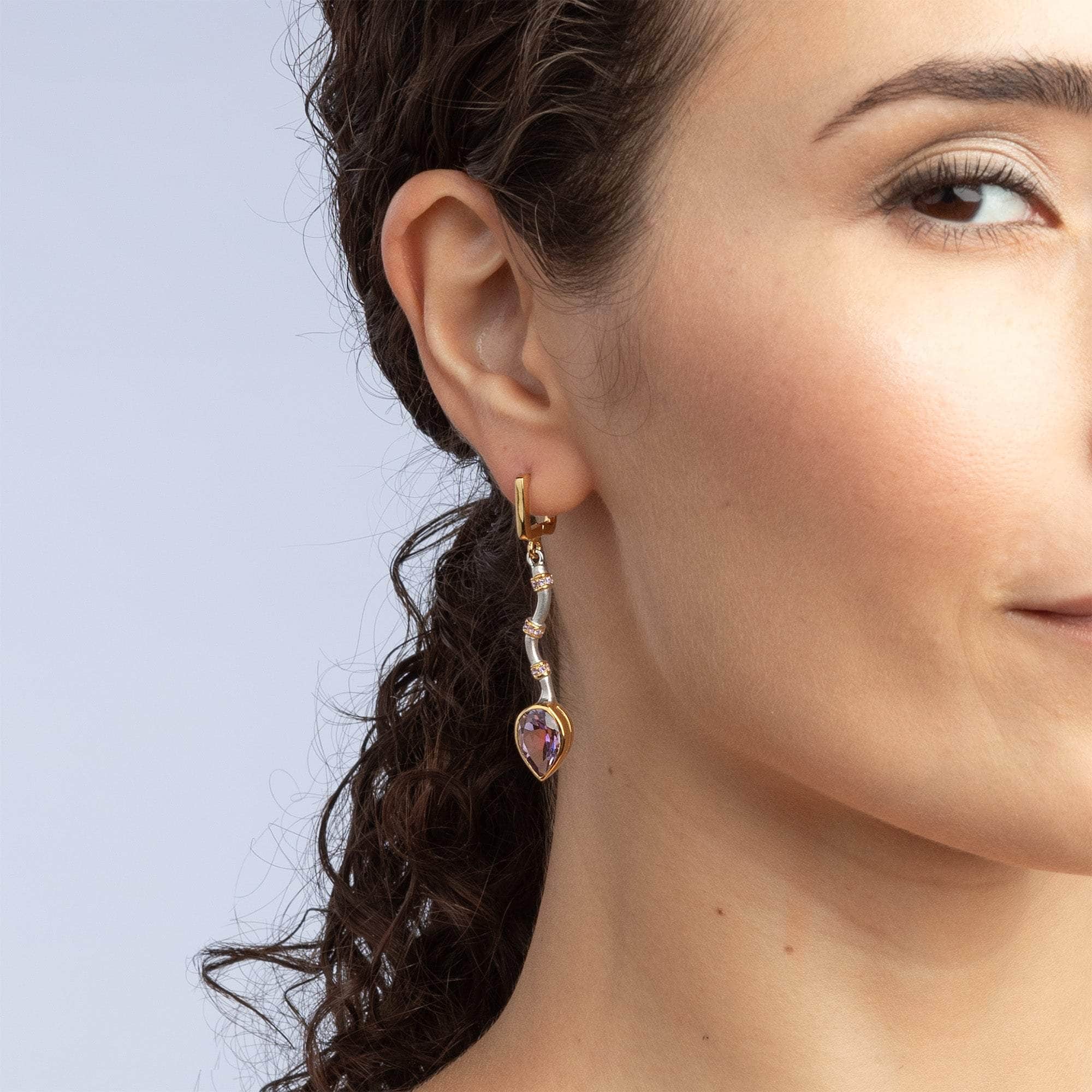 Osmotar Modern Asymmetric Earrings with Natural Amethyst in 925 Sterling Silver (White Rhodium & Gold-Plated)