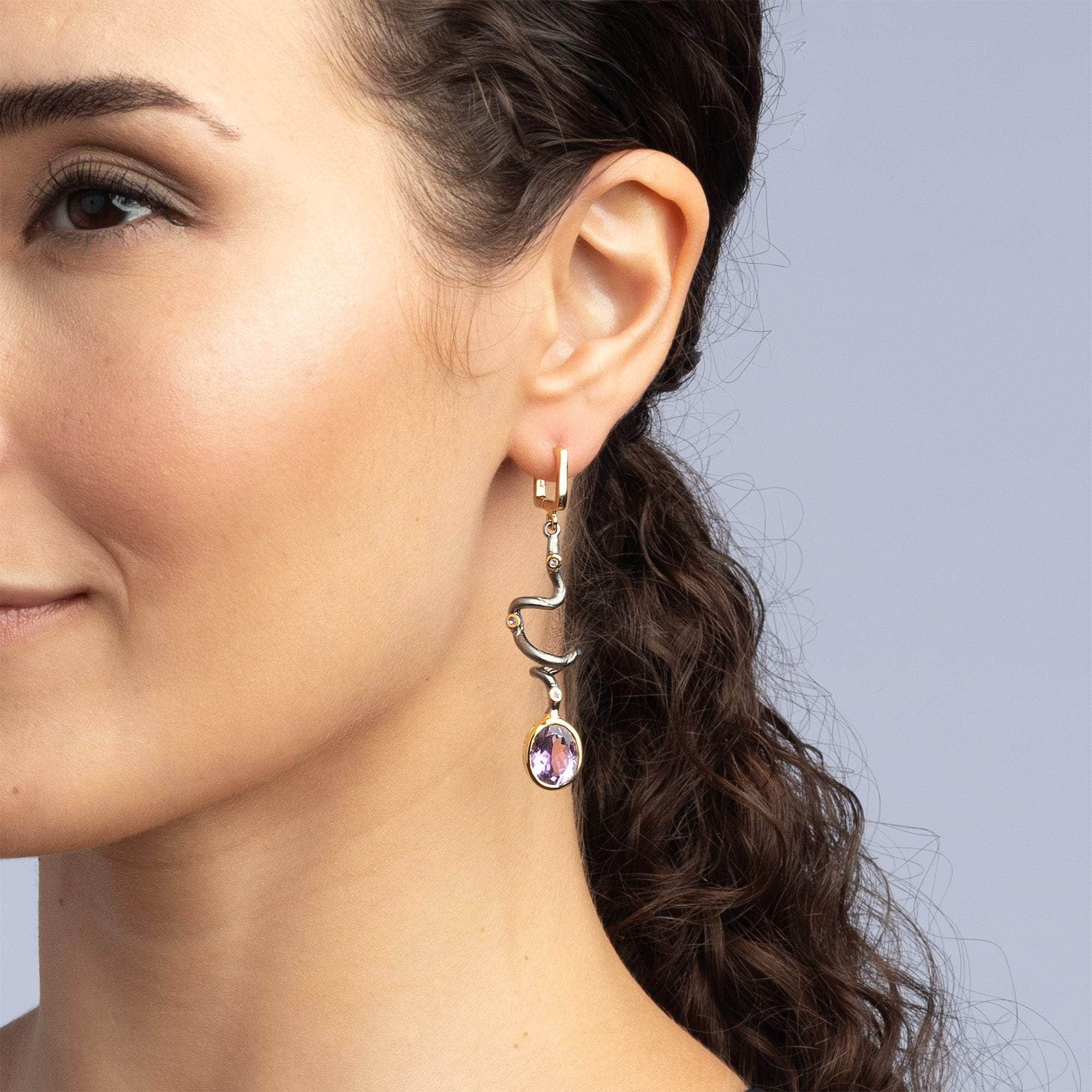Unku Modern Asymmetric Design Amethyst Earrings in 925 Sterling Silver (Black Rhodium & Gold-Plated)
