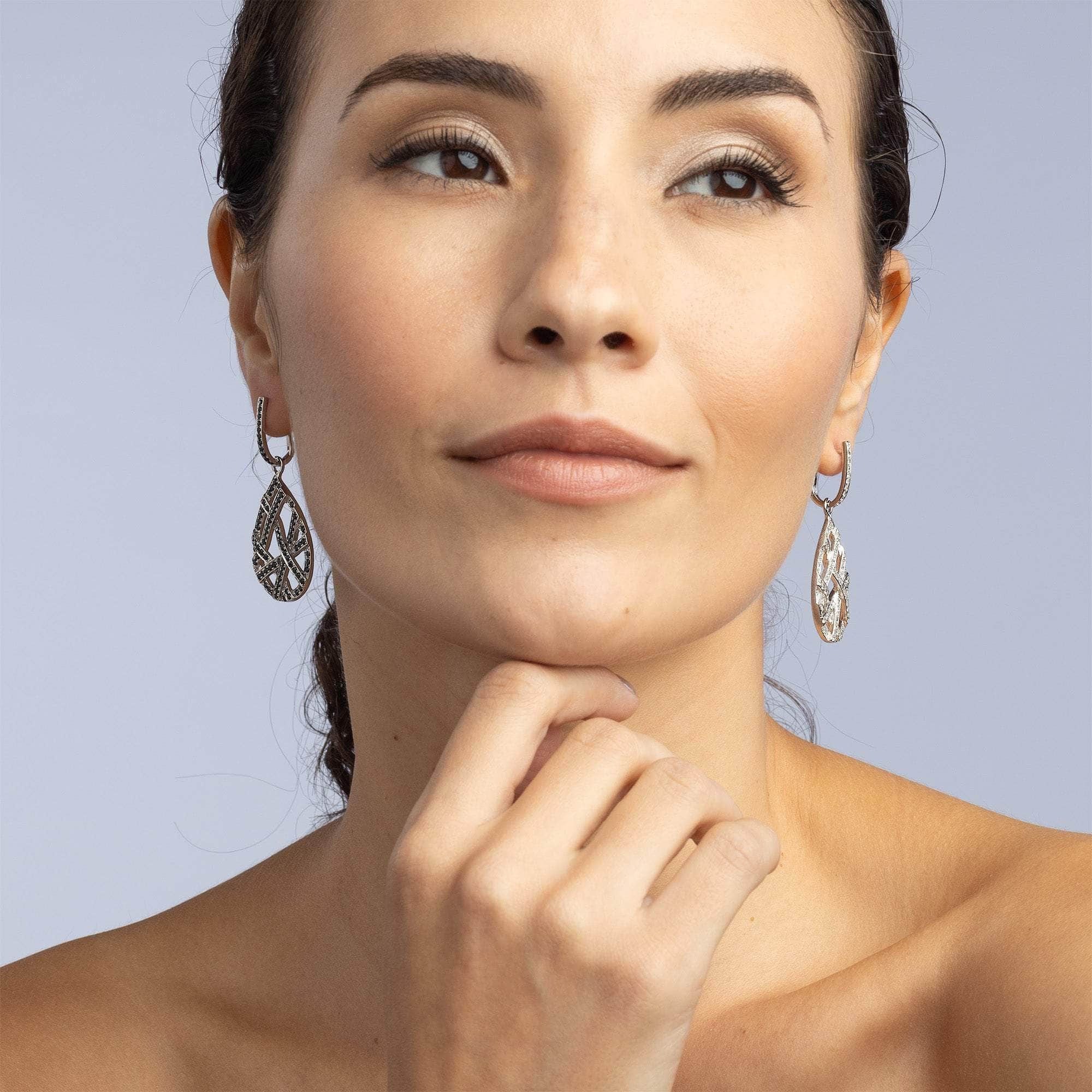Diafora White Topaz & Black Spinel Dangle Earrings in 925 Sterling Silver