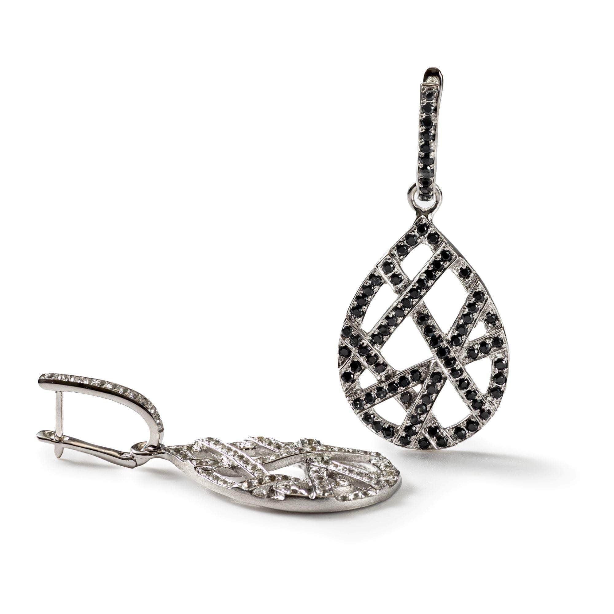 Diafora White Topaz & Black Spinel Dangle Earrings in 925 Sterling Silver