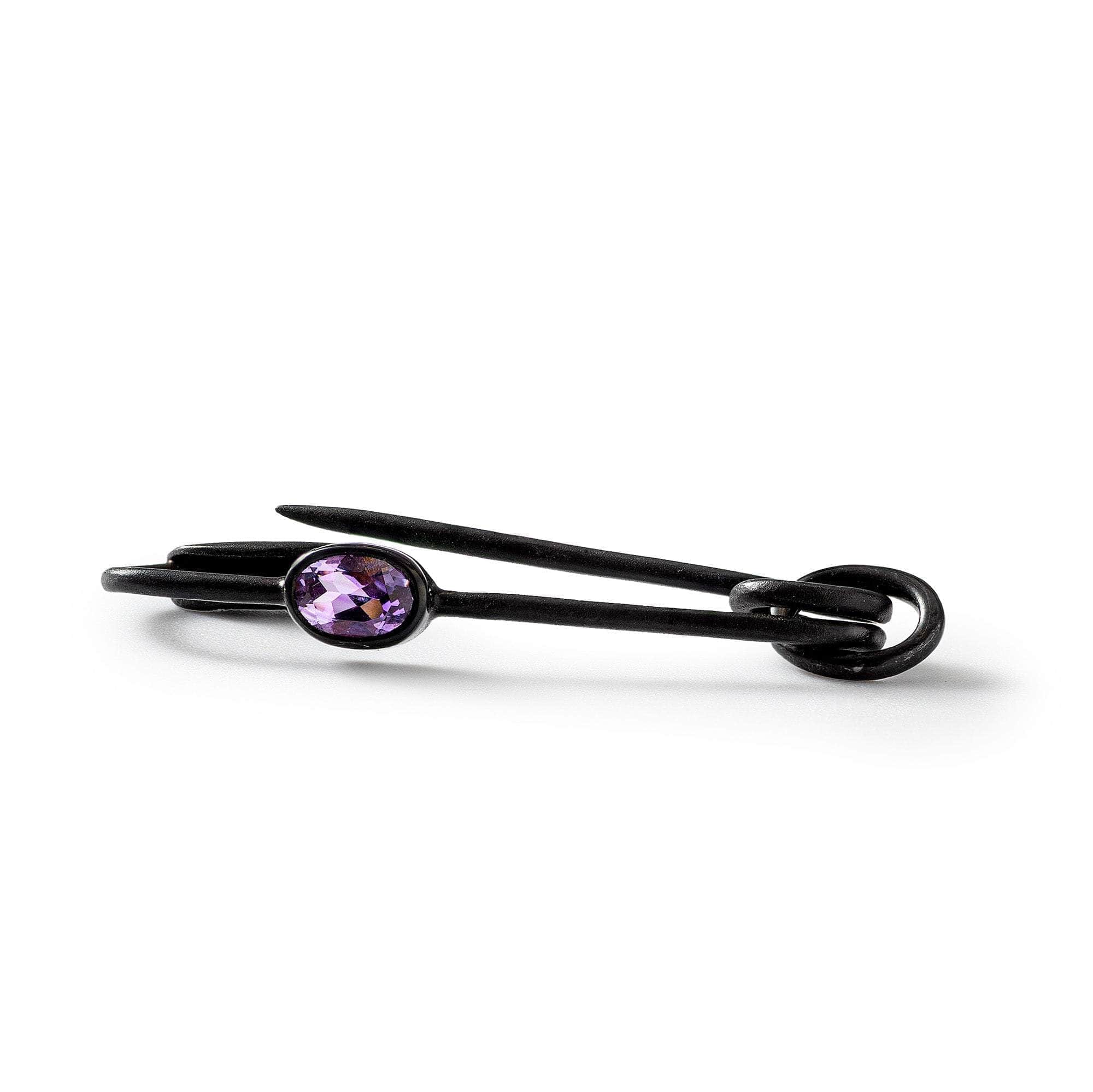 Khara Safety Pin Design Unisex Silver Pendant with Natural Oval-Cut Amethyst (Black Anthracite)