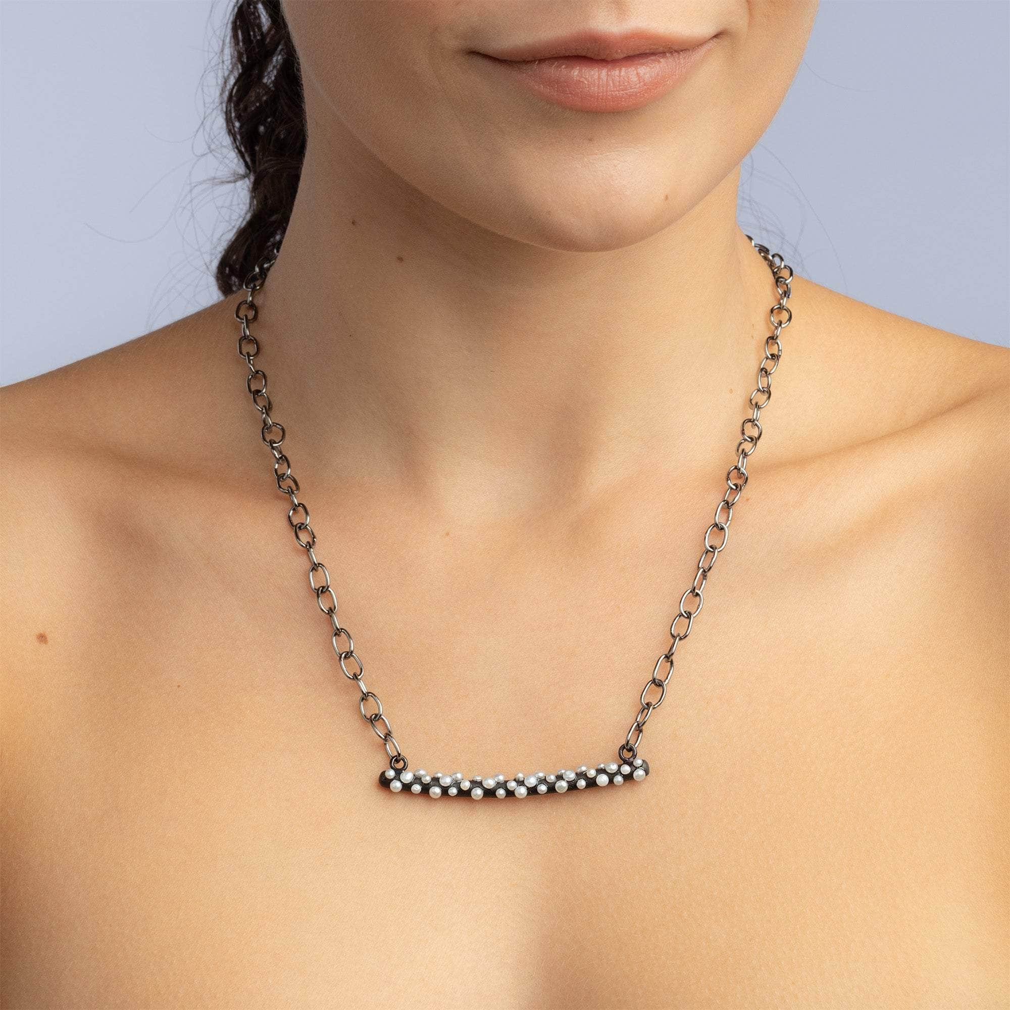Oinos 925 Silver Modern Handcrafted Necklace with Cultured White and Gray Micro Pearls