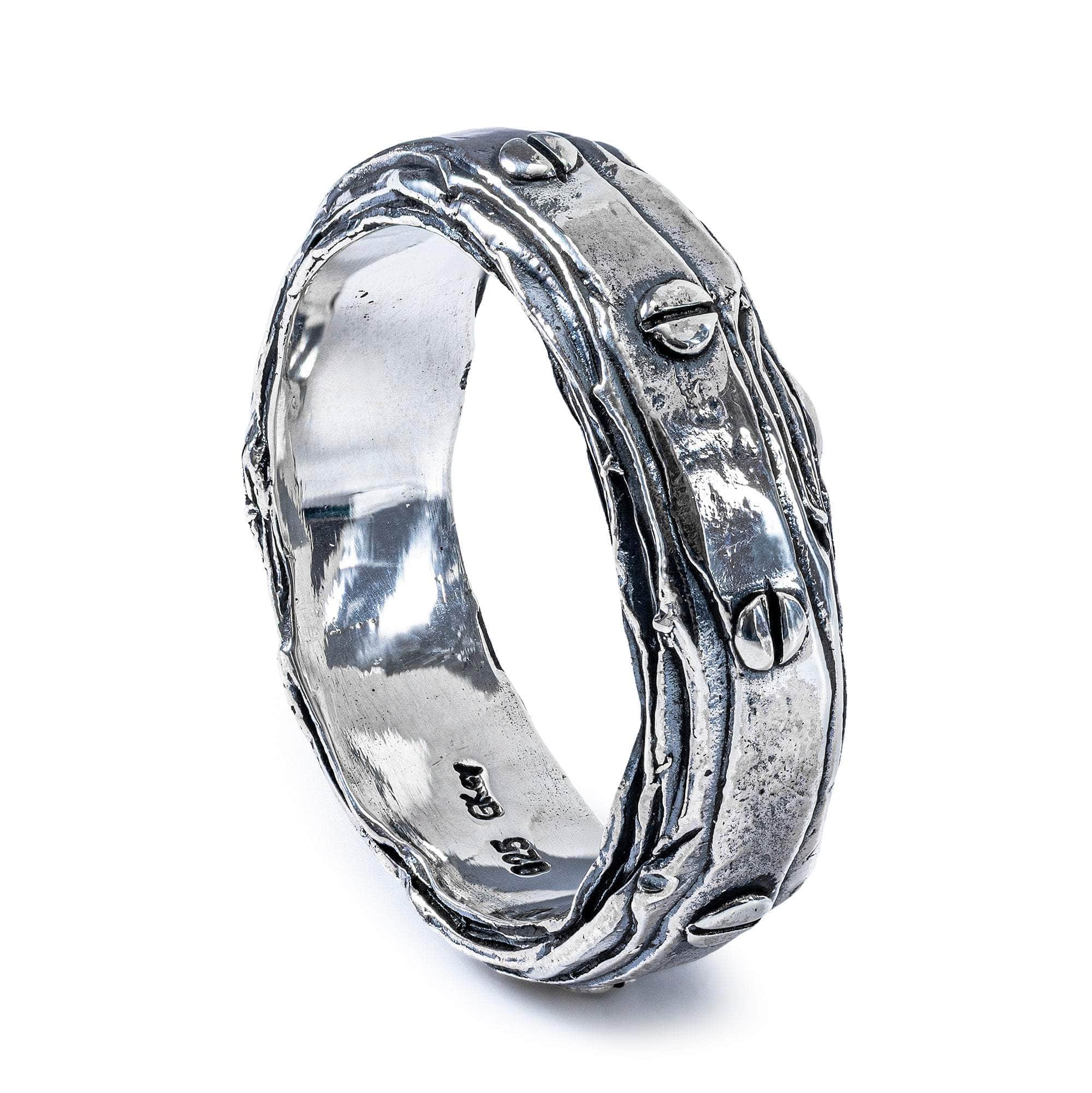 Karna Unisex Oxidized Silver Thin Layered Ring with Rivet Texture