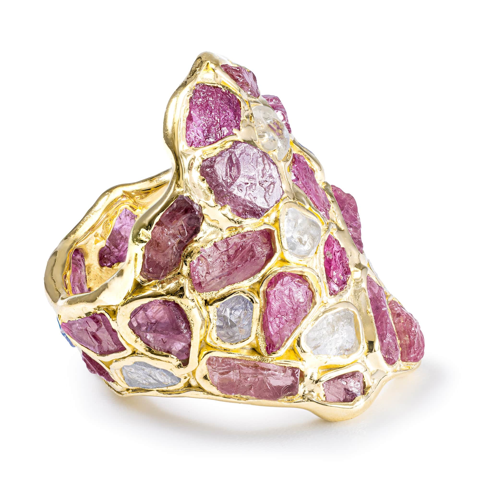 Kelea Handcrafted Ring with Natural Raw White Zircon & Ruby in 14K Gold Plated Silver
