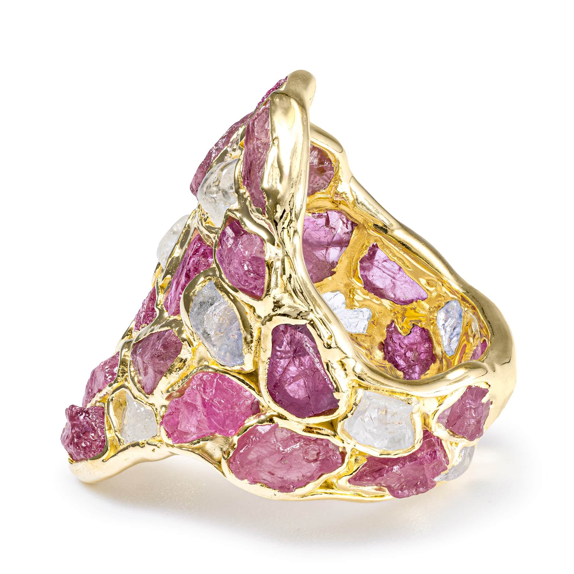 Kelea Handcrafted Ring with Natural Raw White Zircon & Ruby in 14K Gold Plated Silver
