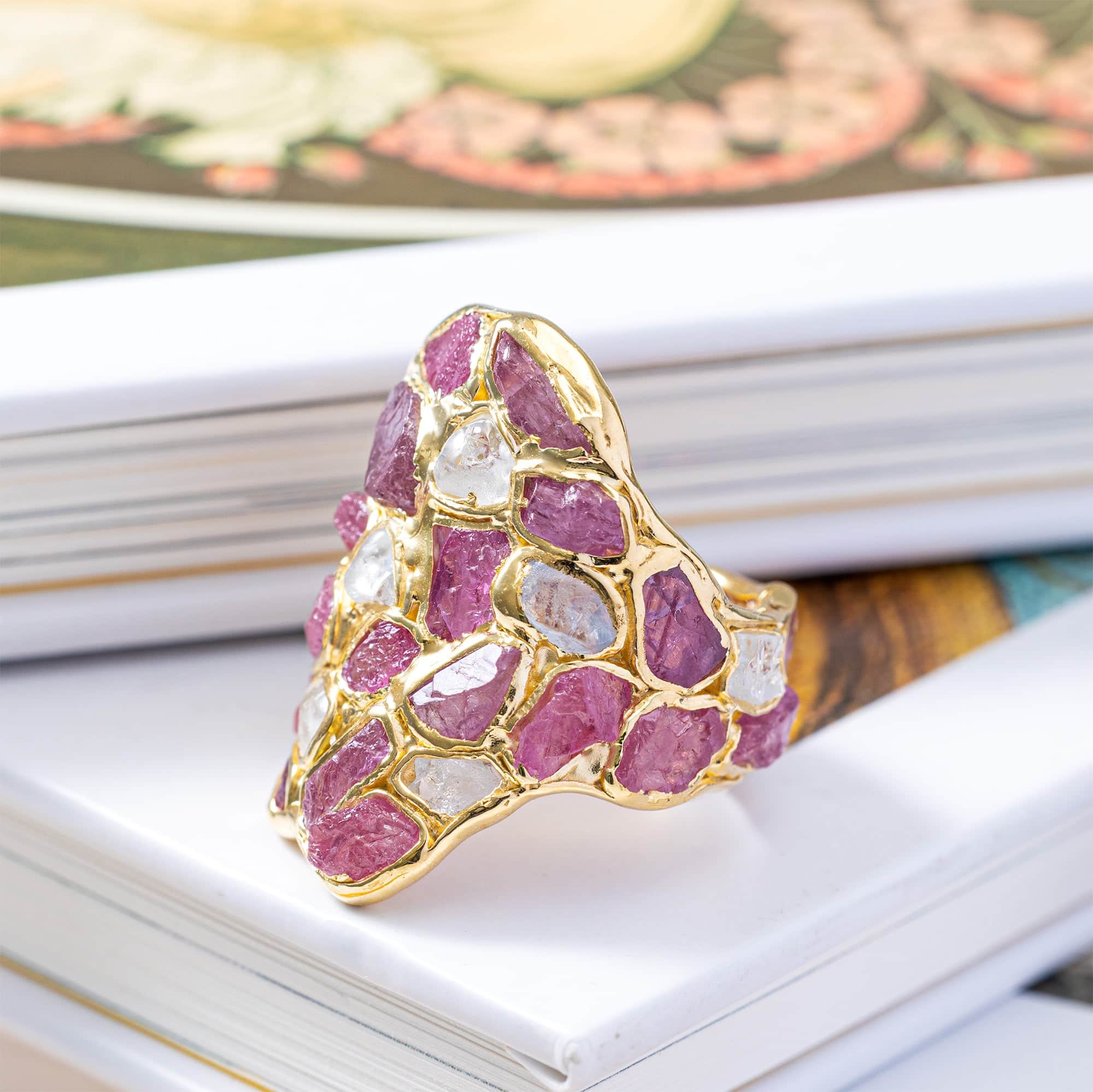 Kelea Handcrafted Ring with Natural Raw White Zircon & Ruby in 14K Gold Plated Silver