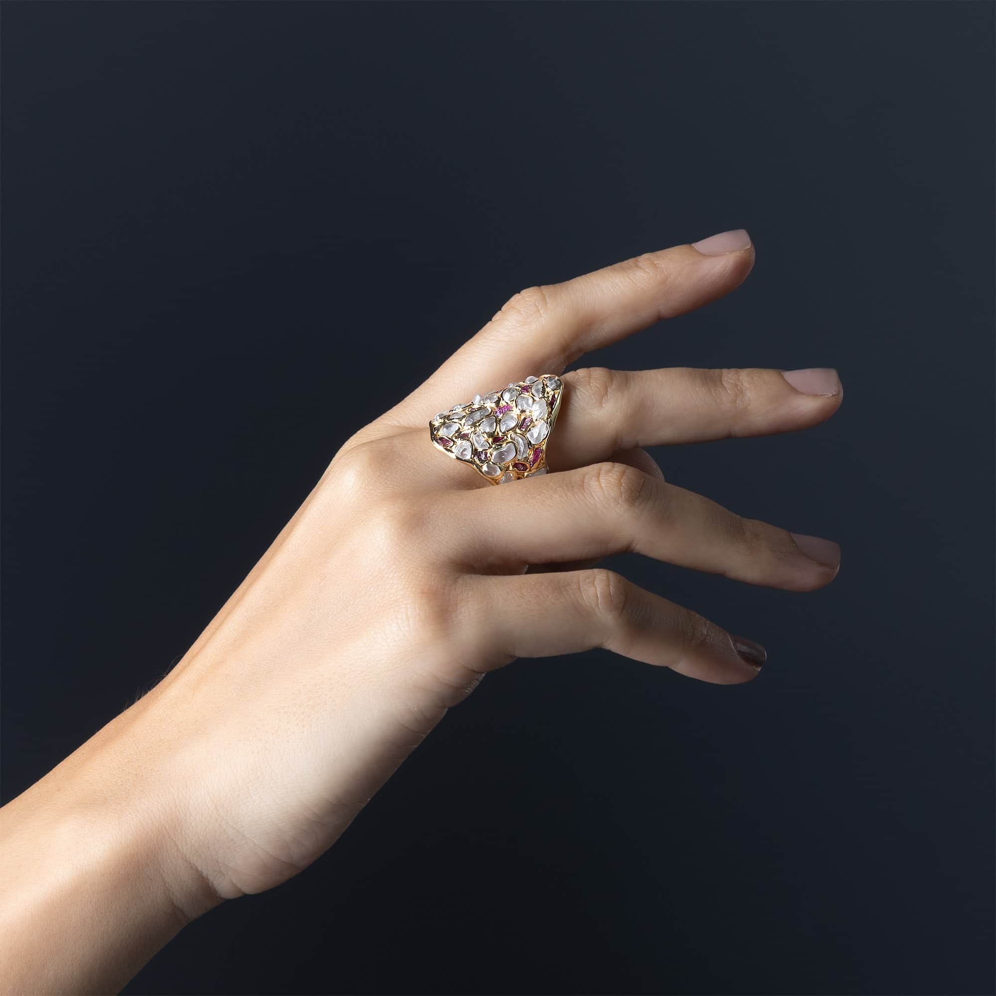 Kelea Handcrafted Ring with Raw Natural White Zircon & Ruby Accents in 14K Gold Plated Silver