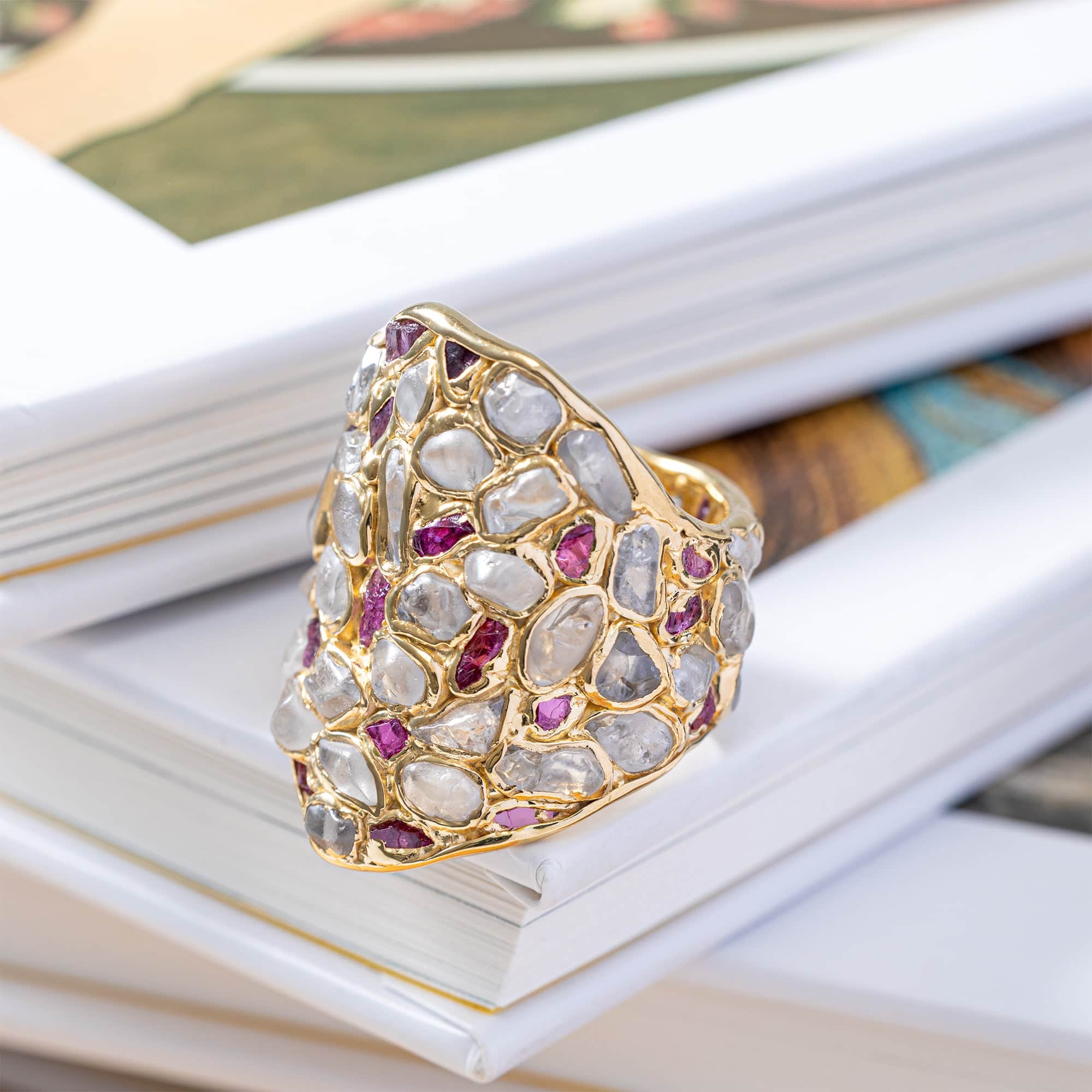 Kelea Handcrafted Ring with Raw Natural White Zircon & Ruby Accents in 14K Gold Plated Silver
