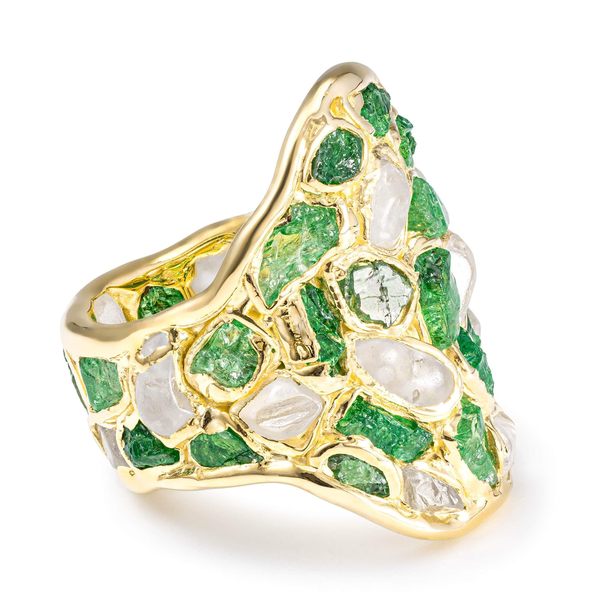 Kelea Handcrafted Ring with Raw Natural White Zircon & Tsavorite Garnet in 14K Gold Plated Silver