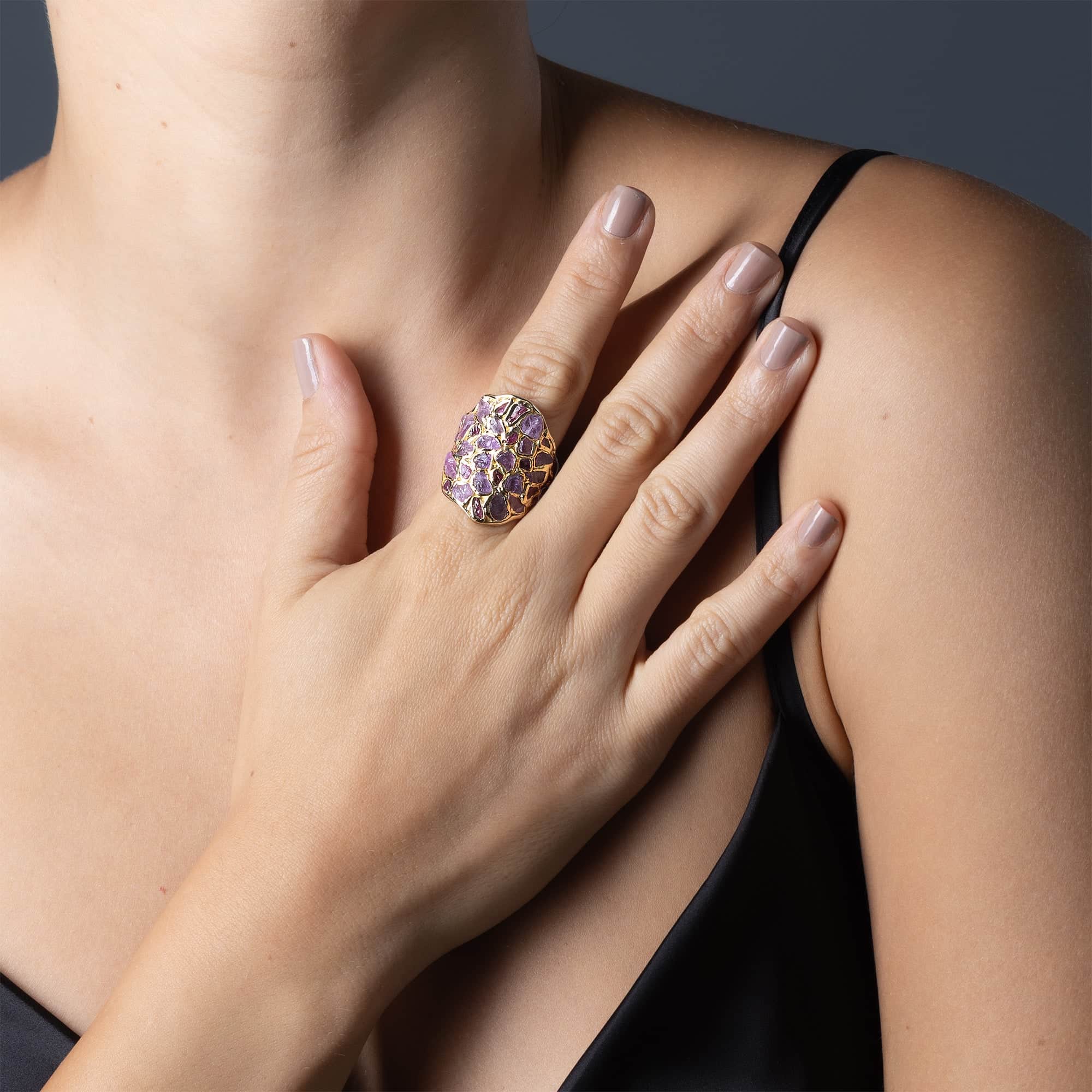 Kelea Handcrafted Ring with Raw Pink Sapphire & Ruby in 14K Gold Plated Silver