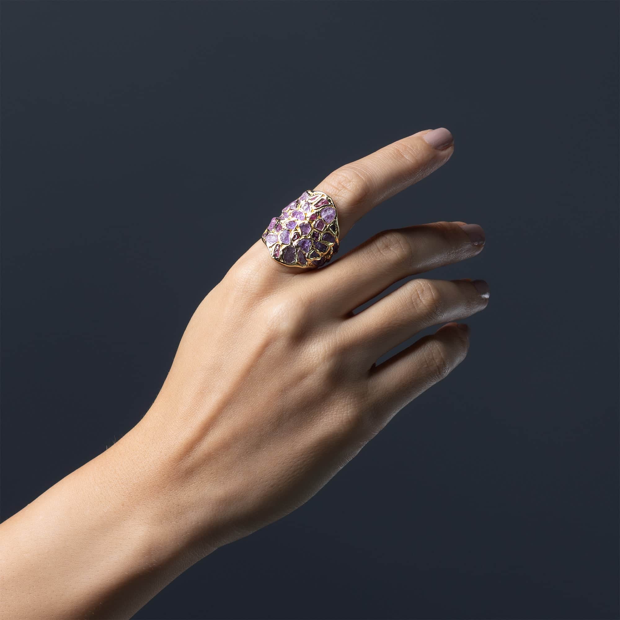 Kelea Handcrafted Ring with Raw Pink Sapphire & Ruby in 14K Gold Plated Silver