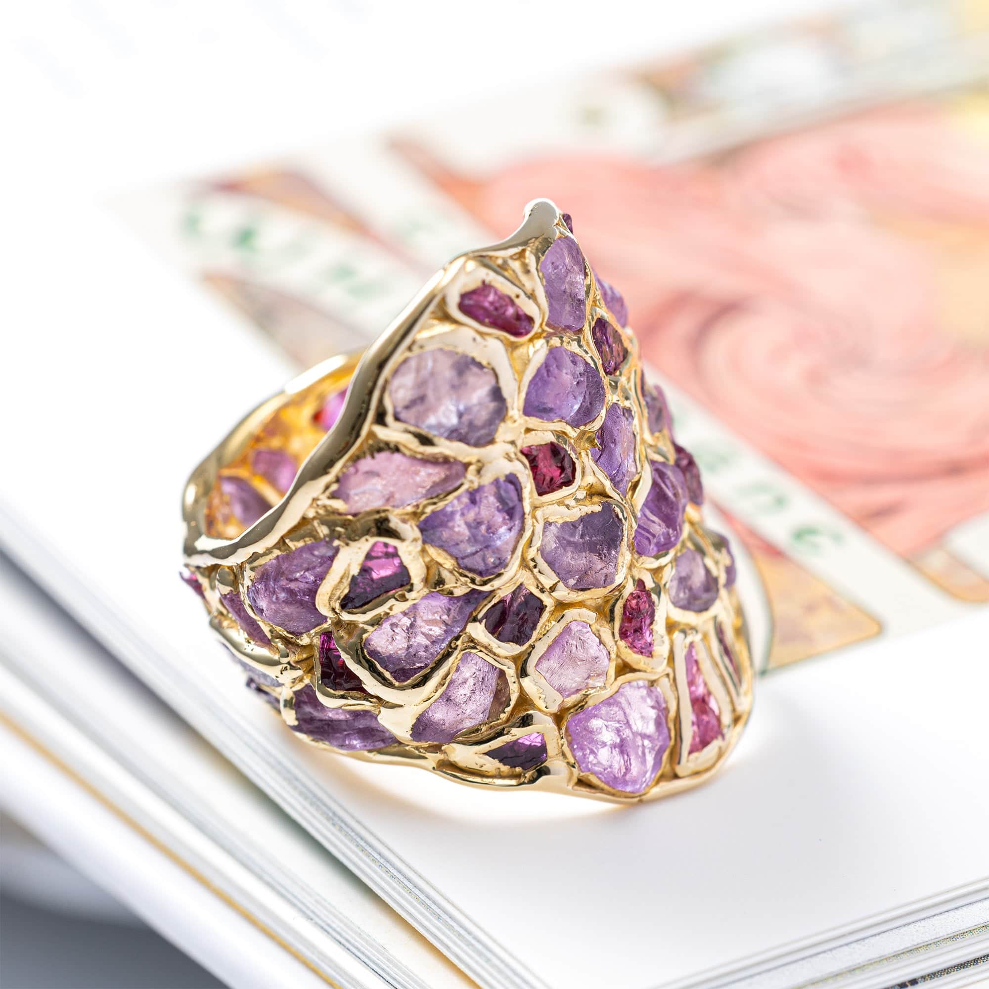 Kelea Handcrafted Ring with Raw Pink Sapphire & Ruby in 14K Gold Plated Silver