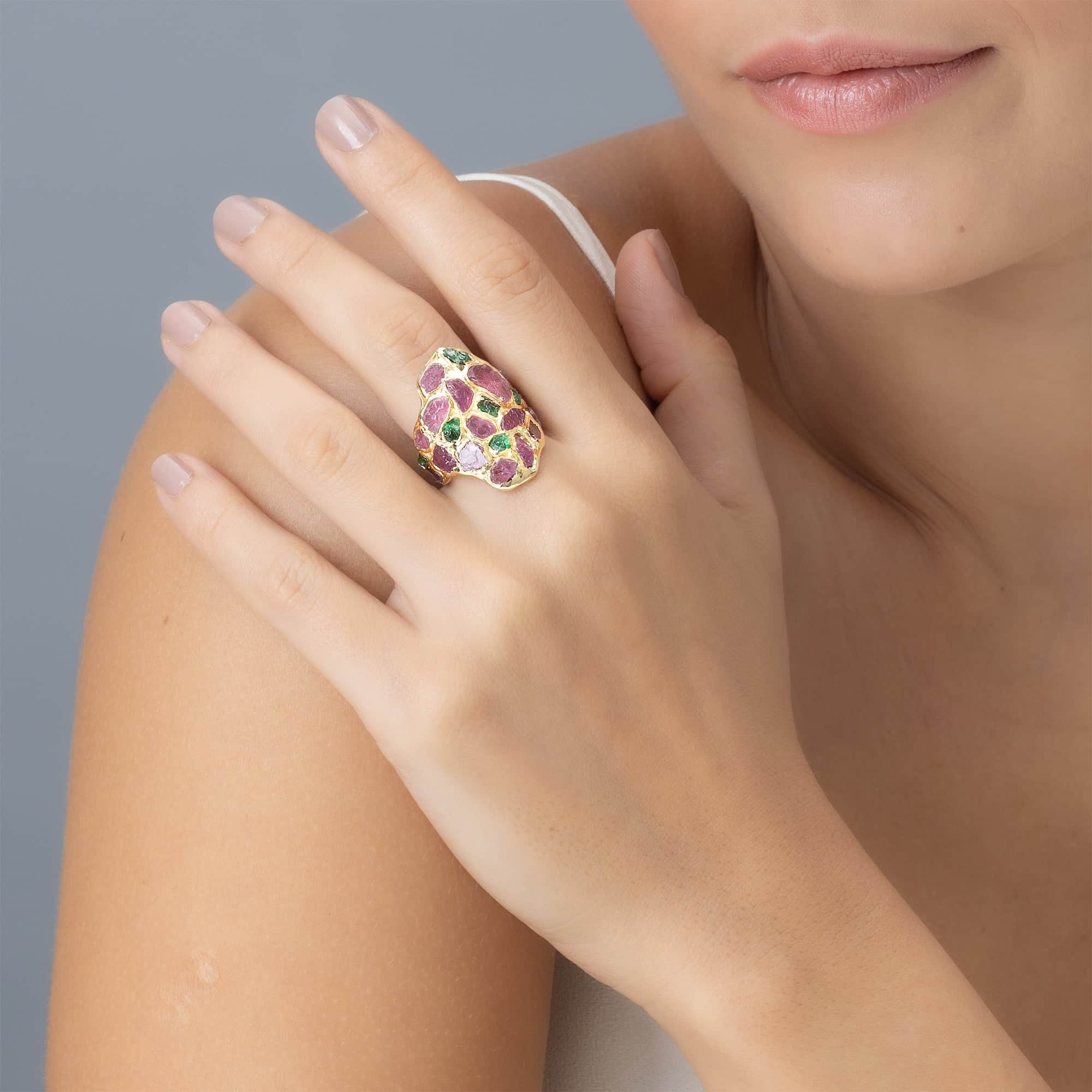 Kelea Handcrafted Ring with Raw Spinel & Tsavorite Garnet in 14K Gold Plated Silver