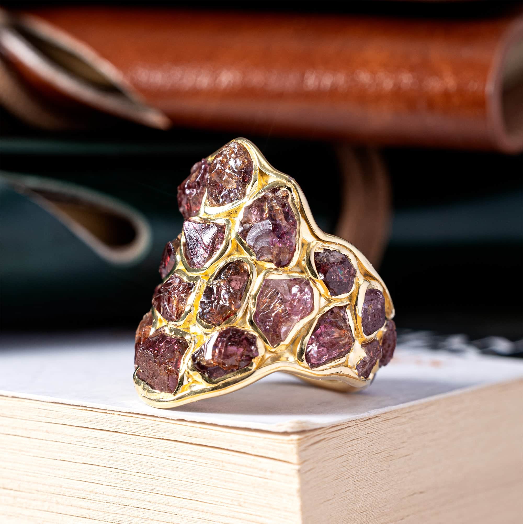 Kelea Handcrafted Ring with Rough Pyrope Garnet in 14K Gold Plated Silver