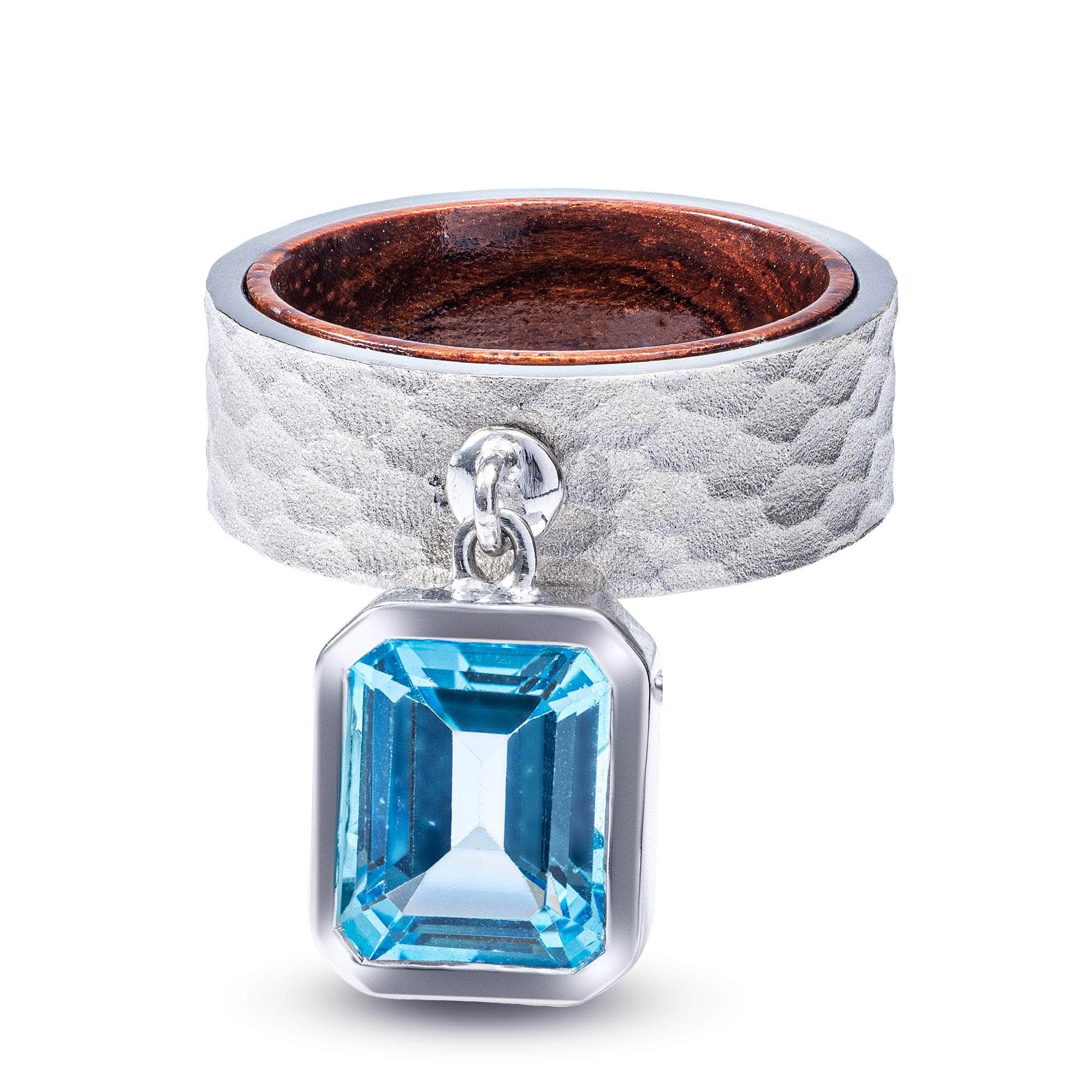 Kelpie Handmade Sterling Silver Ring with Octagon Blue Topaz and Rosewood Core