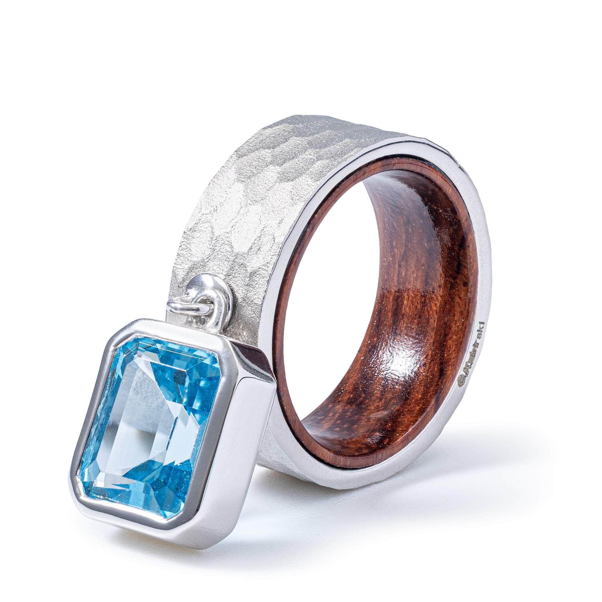 Kelpie Handmade Sterling Silver Ring with Octagon Blue Topaz and Rosewood Core