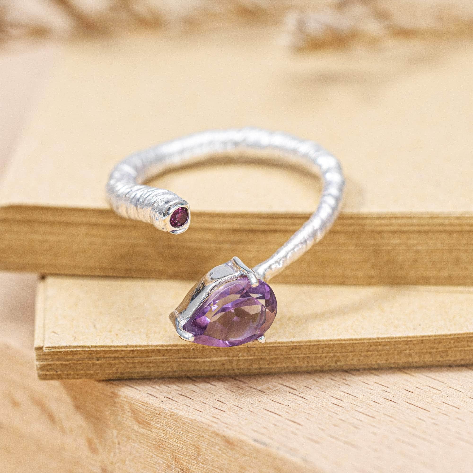 Korra Open Band Ring in Silver with Pear and Round Cut Amethyst and Anti Tarnish Coating