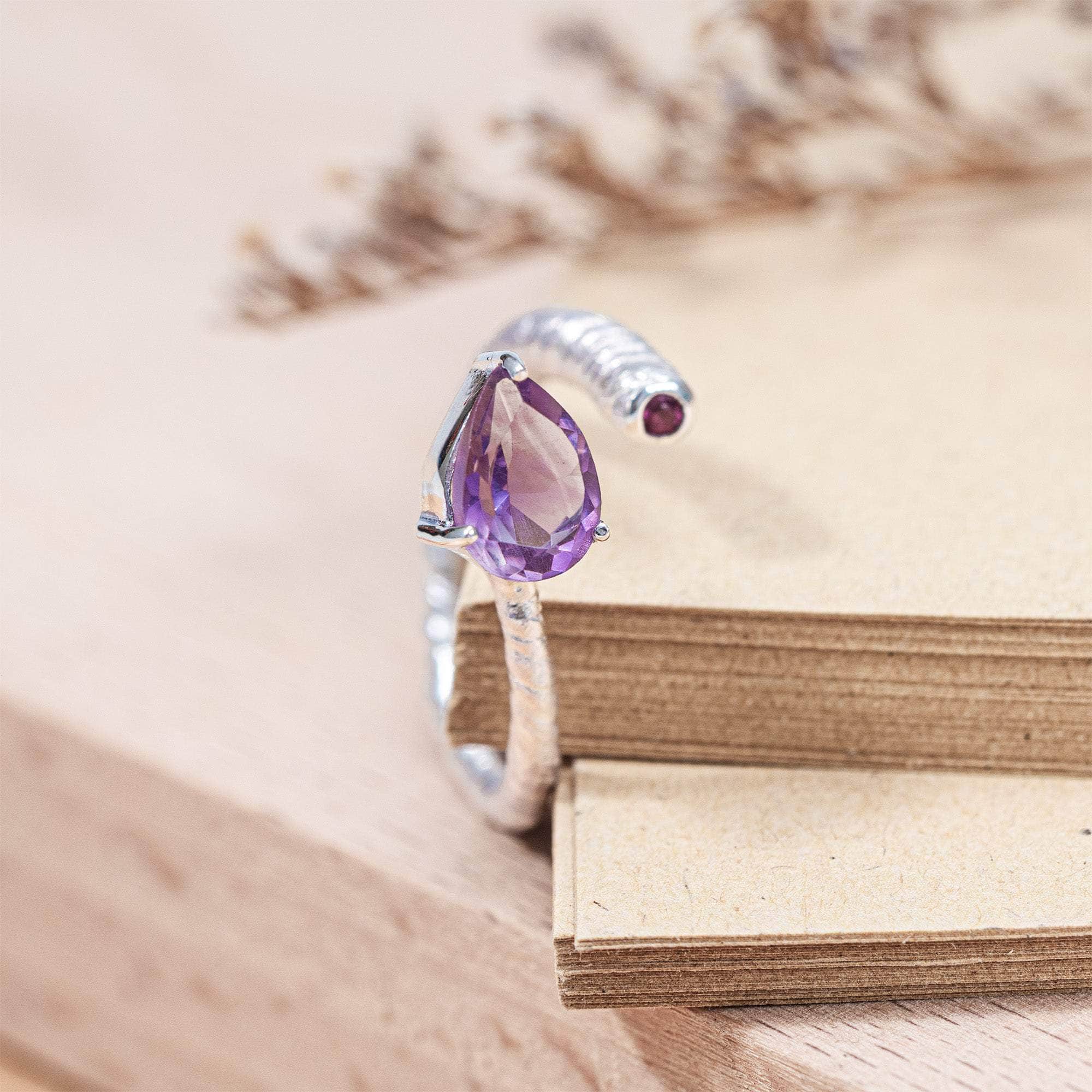 Korra Open Band Ring in Silver with Pear and Round Cut Amethyst and Anti Tarnish Coating