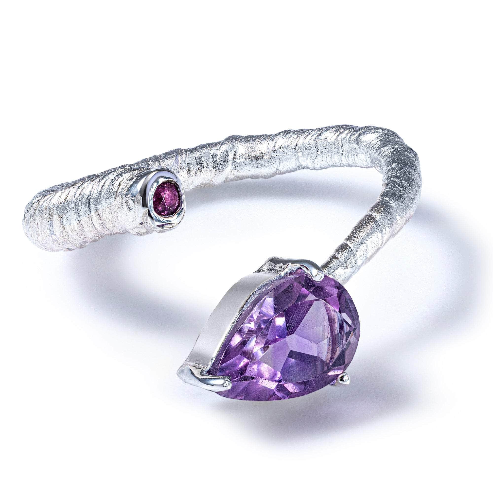 Korra Open Band Ring in Silver with Pear and Round Cut Amethyst and Anti Tarnish Coating