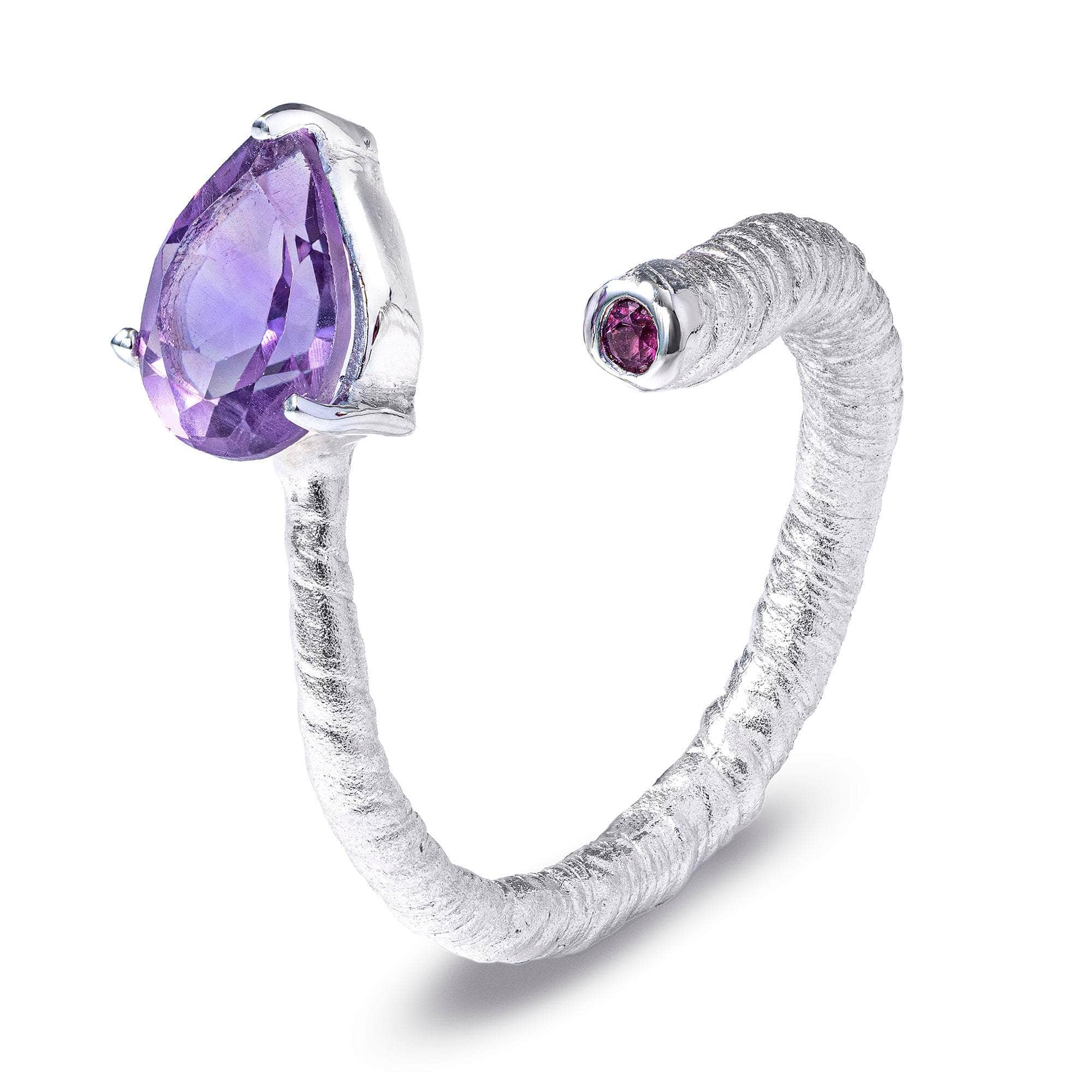 Korra Open Band Ring in Silver with Pear and Round Cut Amethyst and Anti Tarnish Coating