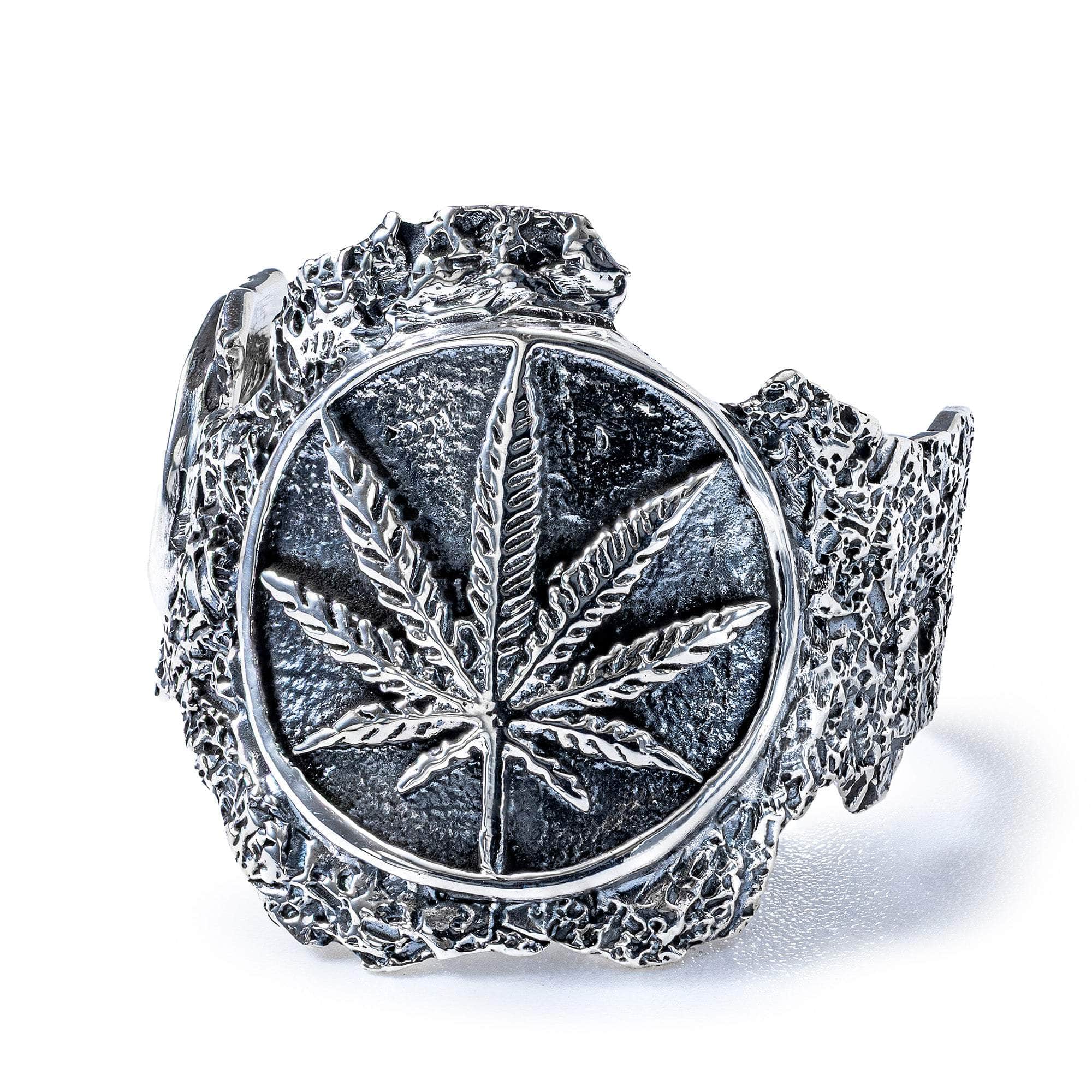 Kush Oxidized 925 Sterling Silver Ring with Cannabis Symbol