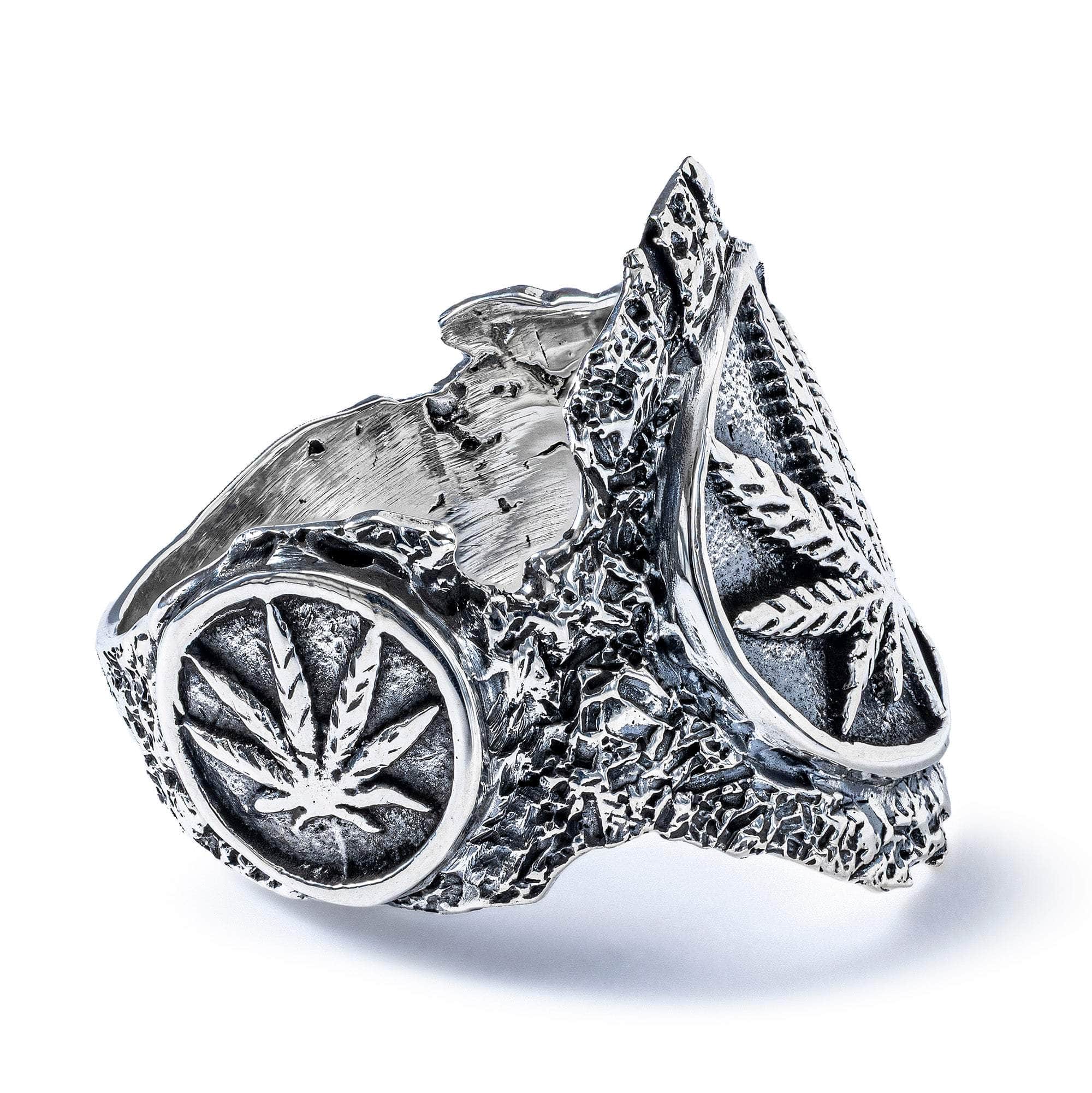 Kush Oxidized 925 Sterling Silver Ring with Cannabis Symbol