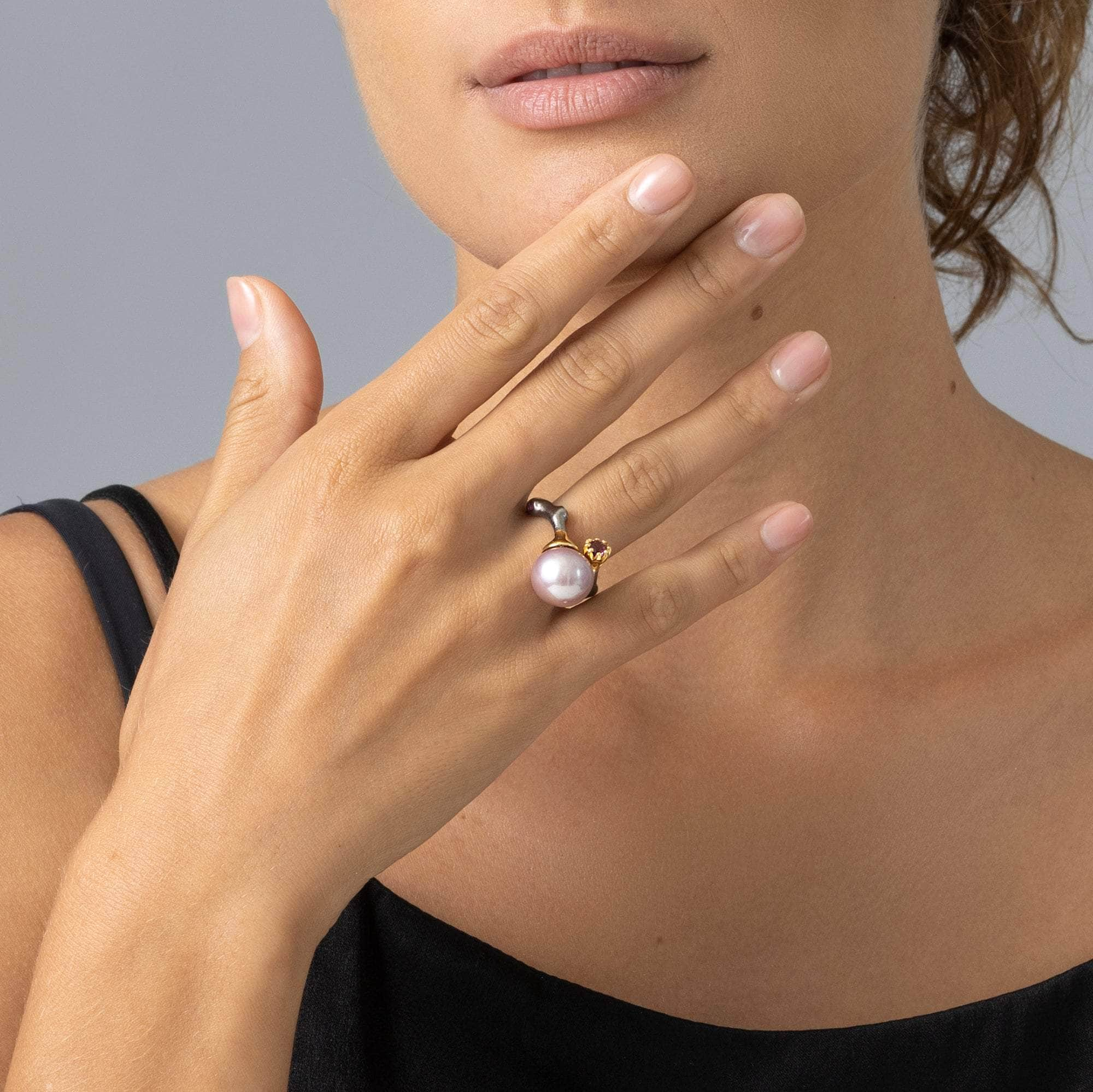 Linnie Purple Pearl and Rhodolite Ring (Black Rhodium and Gold 18K) GERMAN KABIRSKI