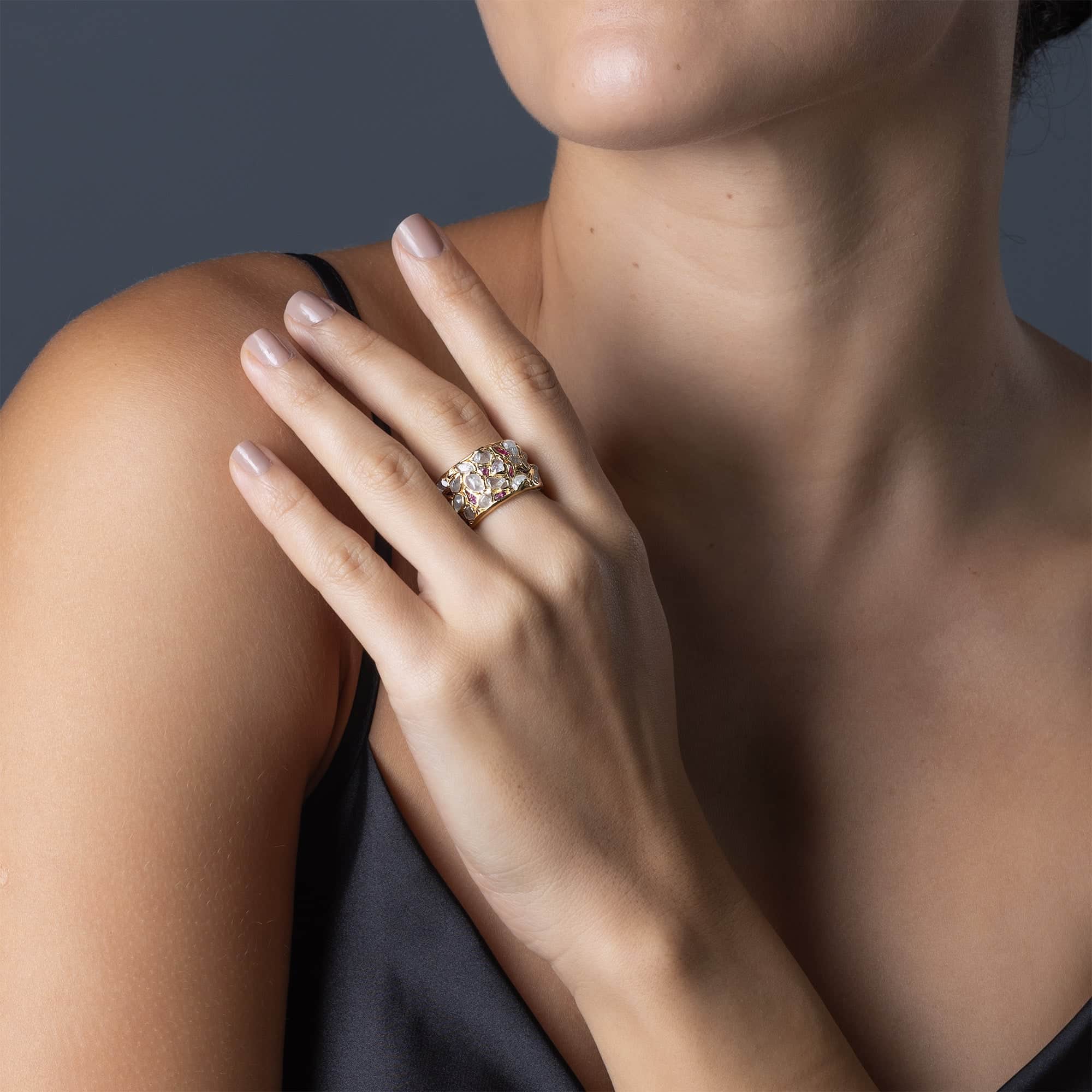 Lythara Barrel Ring with Raw Natural White Zircon & Ruby in 14K Gold Plated Sterling Silver