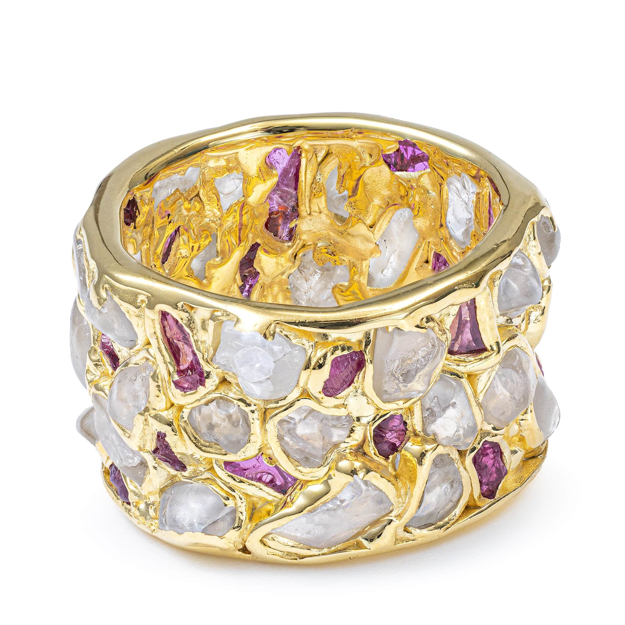 Lythara Barrel Ring with Raw Natural White Zircon & Ruby in 14K Gold Plated Sterling Silver