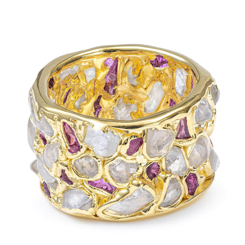 Lythara Barrel Ring with Raw Natural White Zircon & Ruby in 14K Gold Plated Sterling Silver