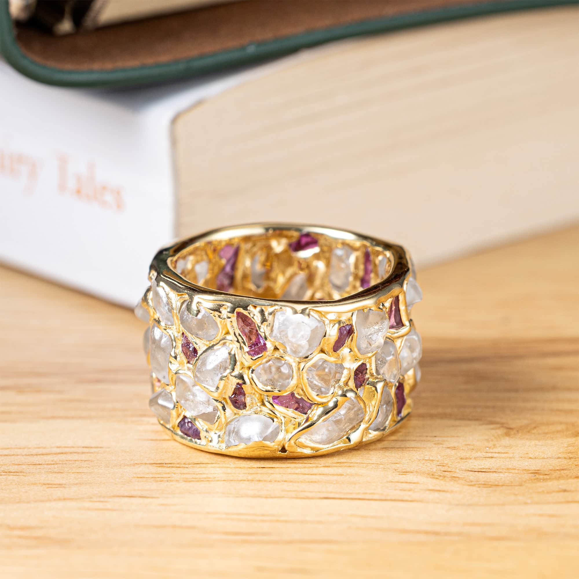 Lythara Barrel Ring with Raw Natural White Zircon & Ruby in 14K Gold Plated Sterling Silver