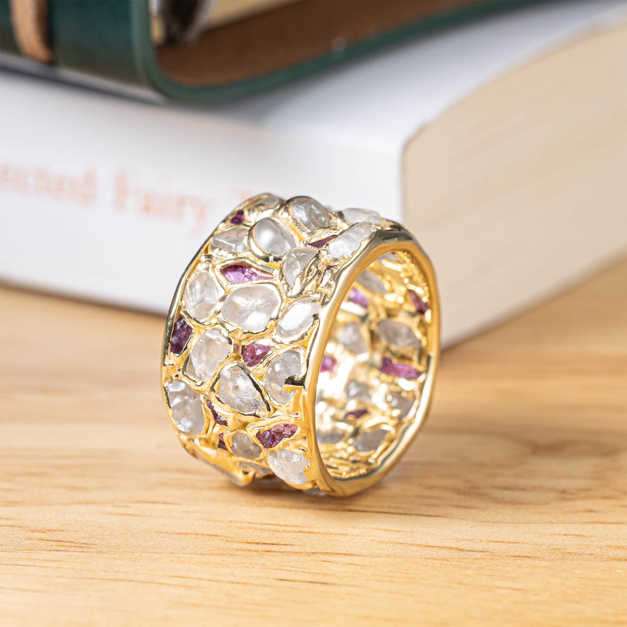 Lythara Barrel Ring with Raw Natural White Zircon & Ruby in 14K Gold Plated Sterling Silver