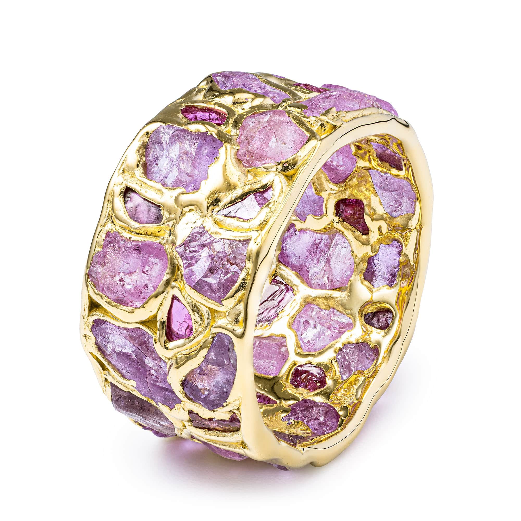 Lythara Handcrafted Barrel Ring with Raw Pink Sapphire & Ruby in 14K Gold Plated Sterling Silver