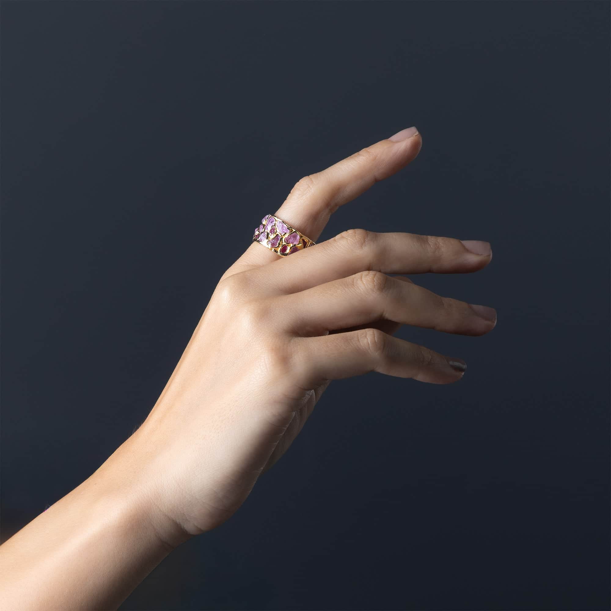 Lythara Handcrafted Barrel Ring with Raw Pink Sapphire & Ruby in 14K Gold Plated Sterling Silver