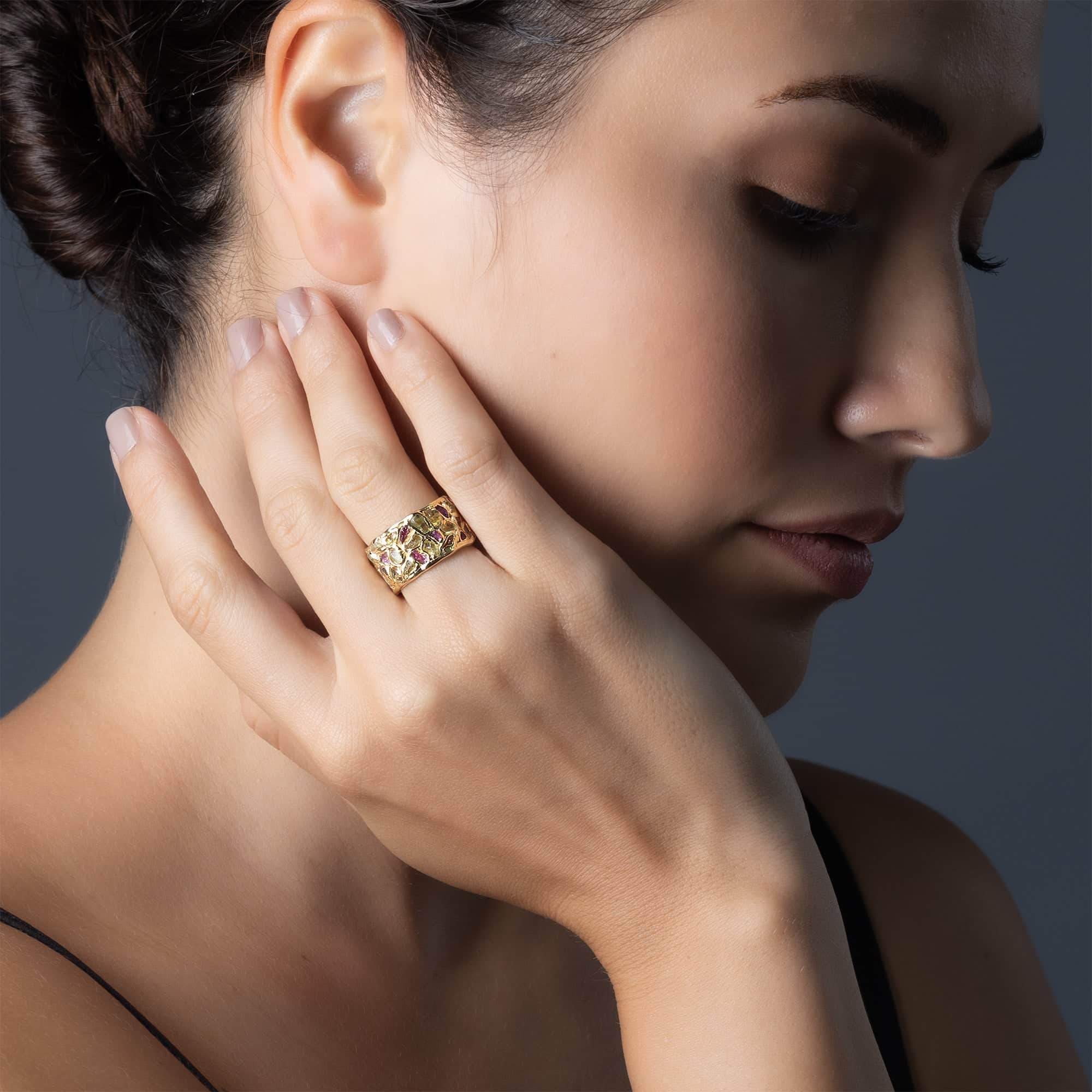 Lythara Handcrafted Barrel Ring with Raw Ruby & Yellow Sapphire in 14K Gold Plated Sterling Silver