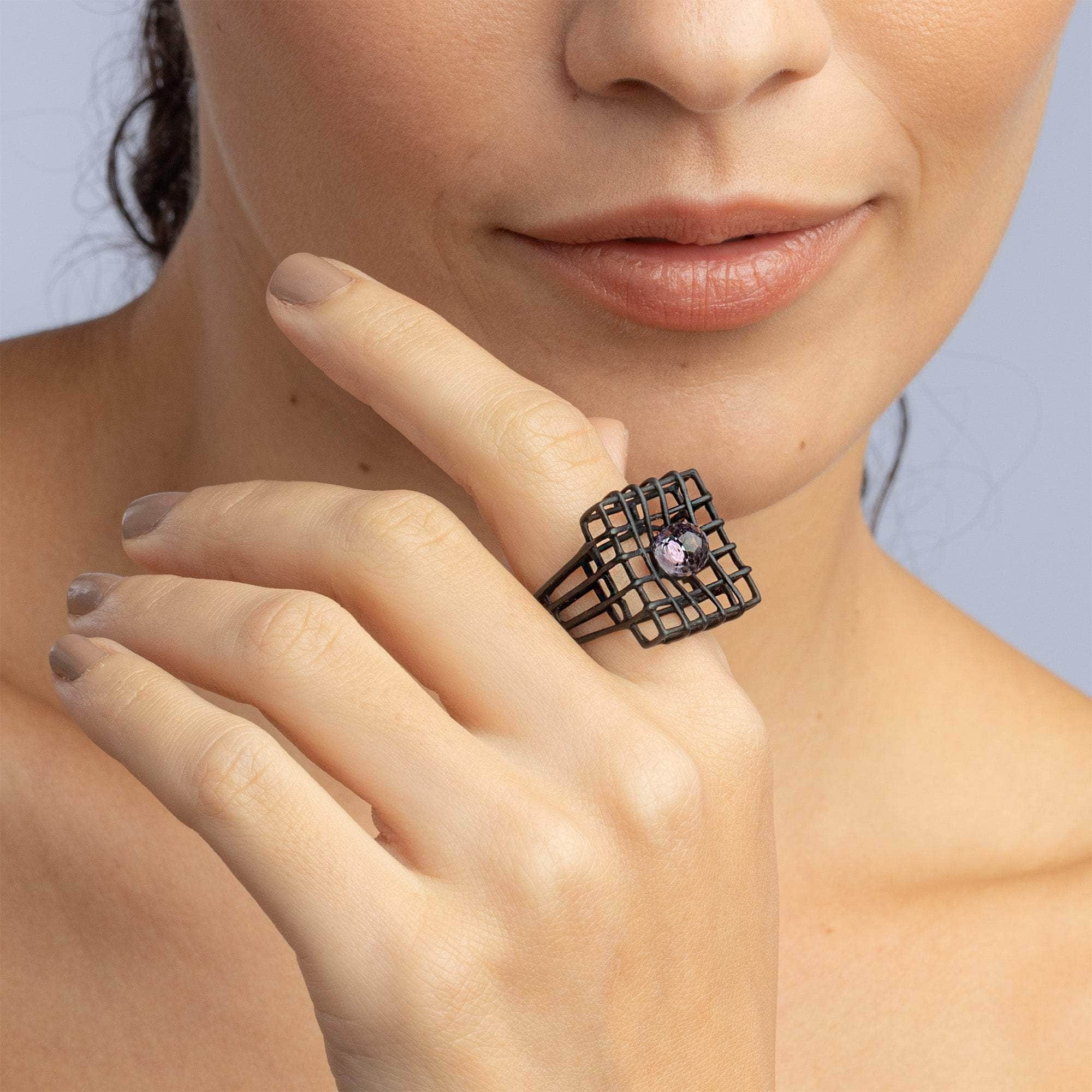 Menos Contemporary Design Blackened Silver Ring with Natural Amethyst