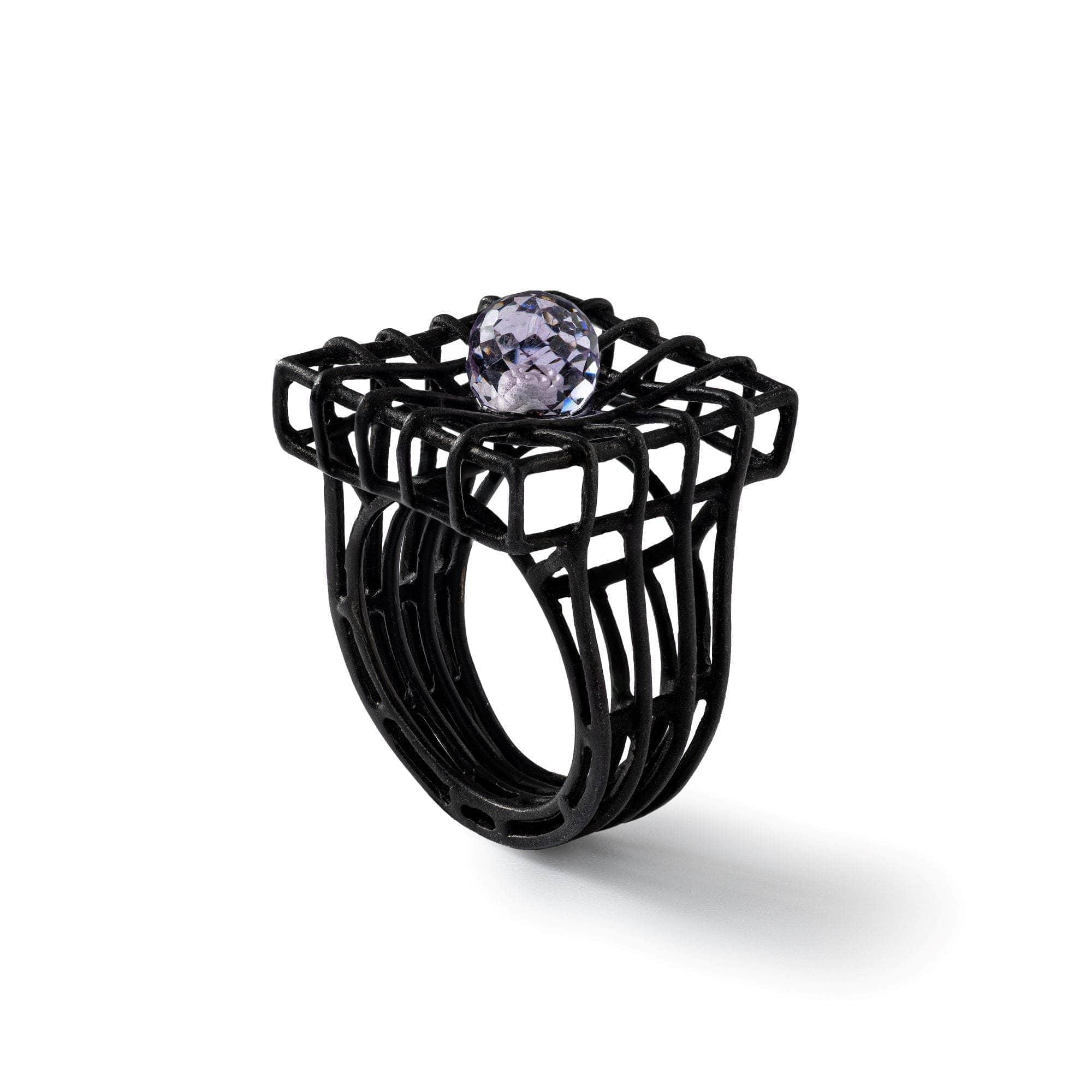 Menos Contemporary Design Blackened Silver Ring with Natural Amethyst