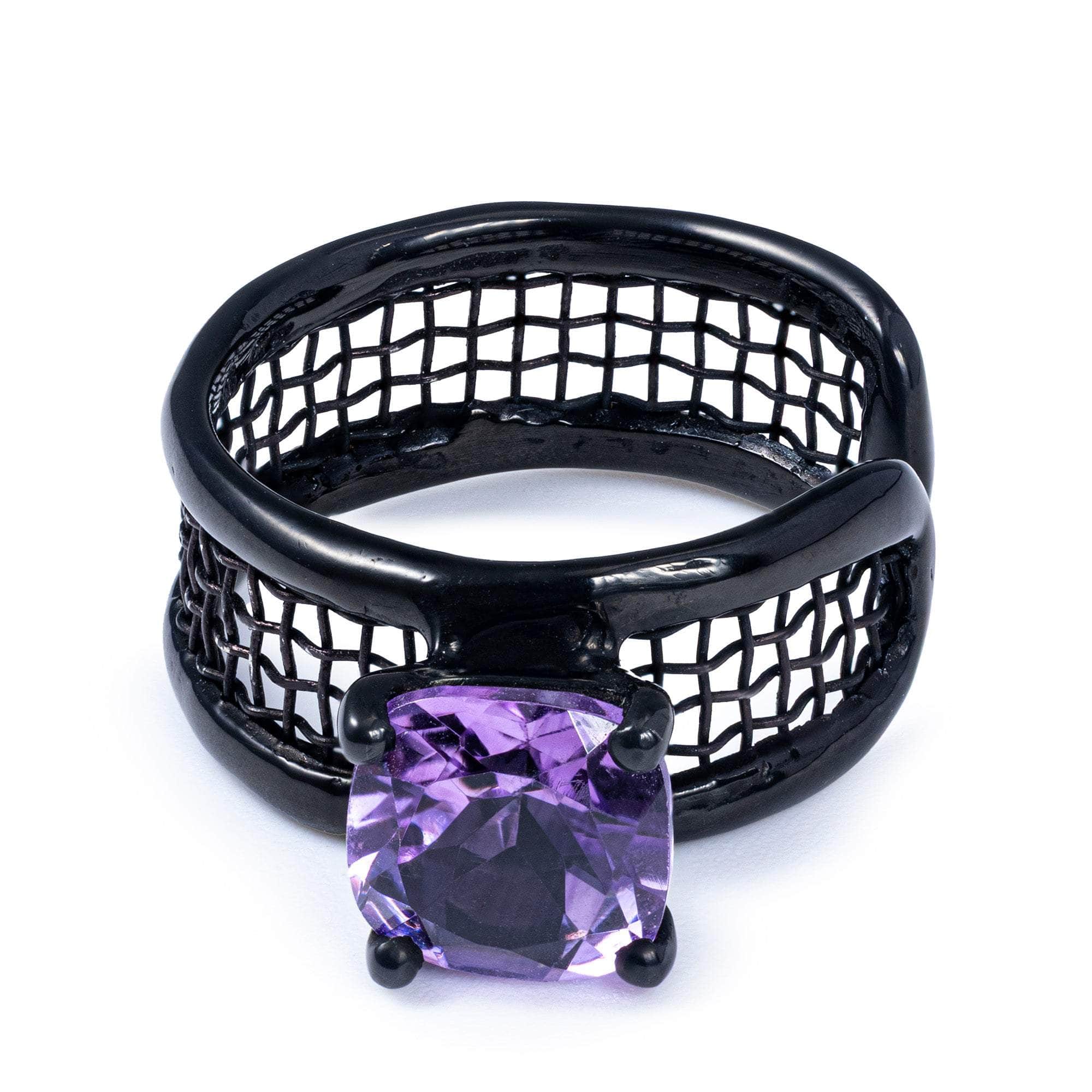 Mistral Open Band Ring with Amethyst in Anthracite Plated Silver and Titanium Mesh Modern Design